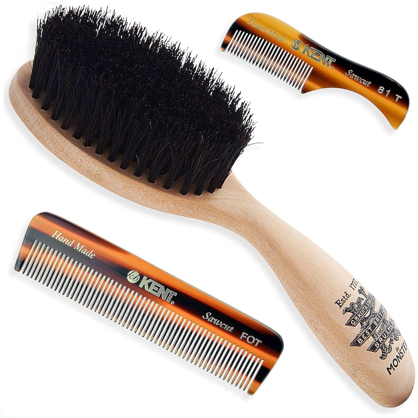 Kent Beard & Mustache Set - BRD5 Horse Hair + Nylon Bristle Brush, 81T + FOT Handmade Sawcut Combs, Pistol-Grip Wood Handle, Dry/Wet Use, Distributes Beauty and Personal Care KENT
