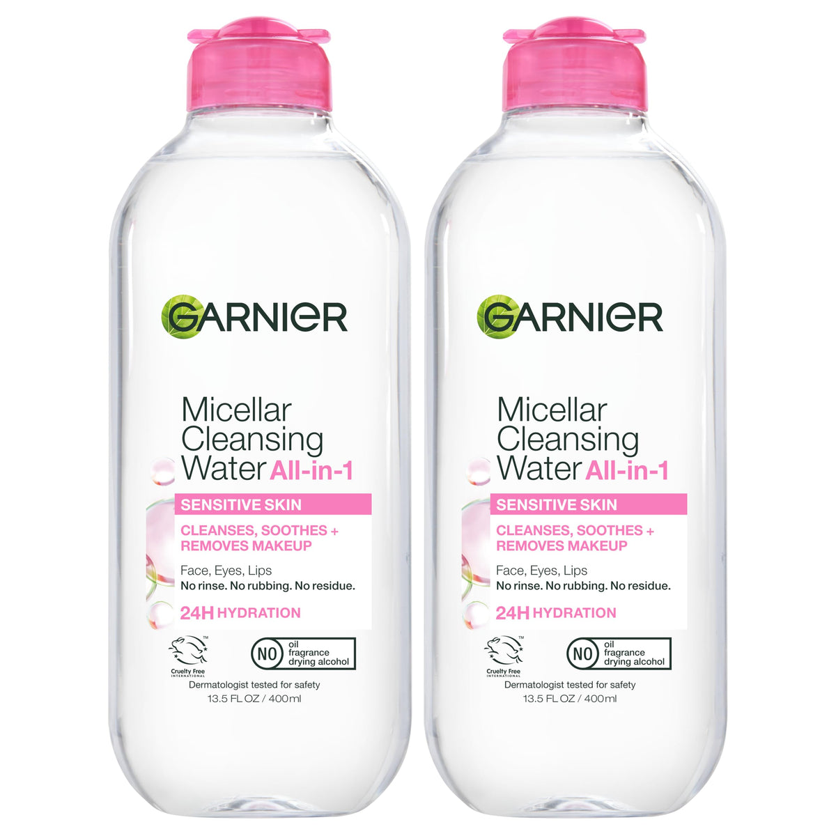 Garnier Micellar Water, Hydrating Facial Cleanser & Makeup Remover, Suitable for Sensitive Skin, Vegan, Cruelty Free, 13.5 Fl Oz (400mL), 2 Count