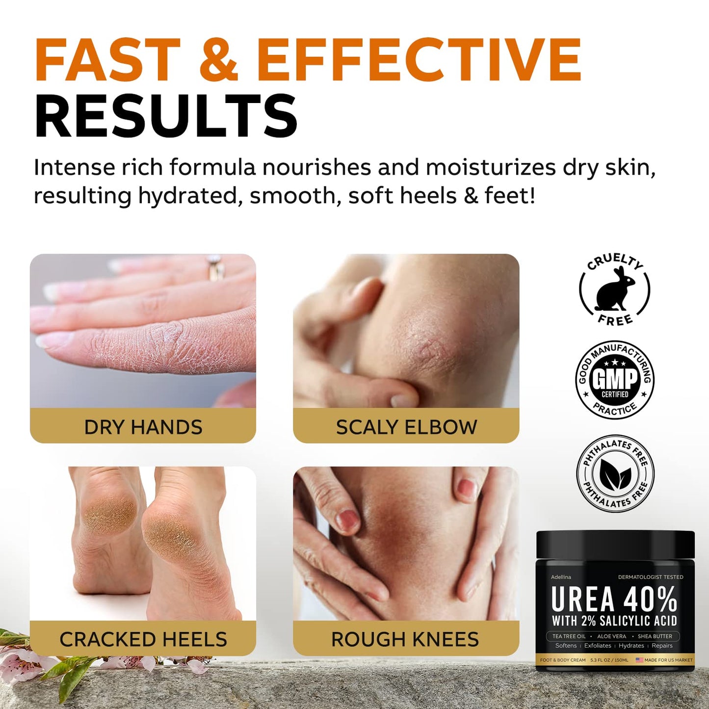 Adellina Urea Cream 40 Percent for Feet Maximum Strength, Urea Foot Cream for Dry Cracked Heels Feet Knees Elbows, 40% Urea Foot Repair Lotion 5.3 OZ Beauty & Personal Care Adellina