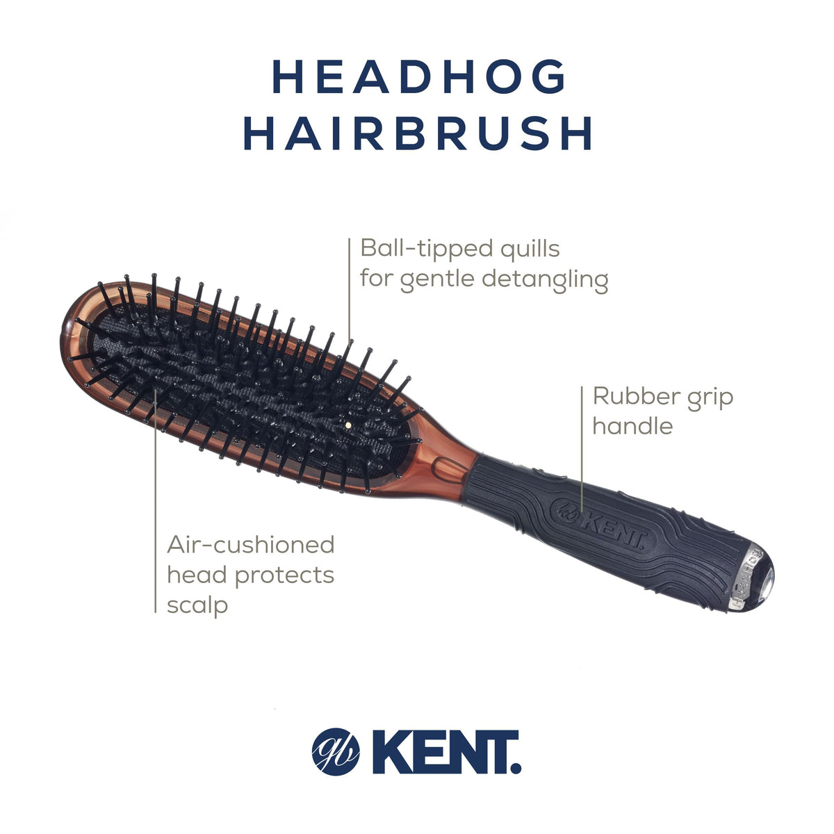 Kent Headhog Detangler Brush, Anti Static HairBrush with Rounded Nylon Bristles for All Hair Types, Travel Brush with Ergonomic Rubber Grip for Easy