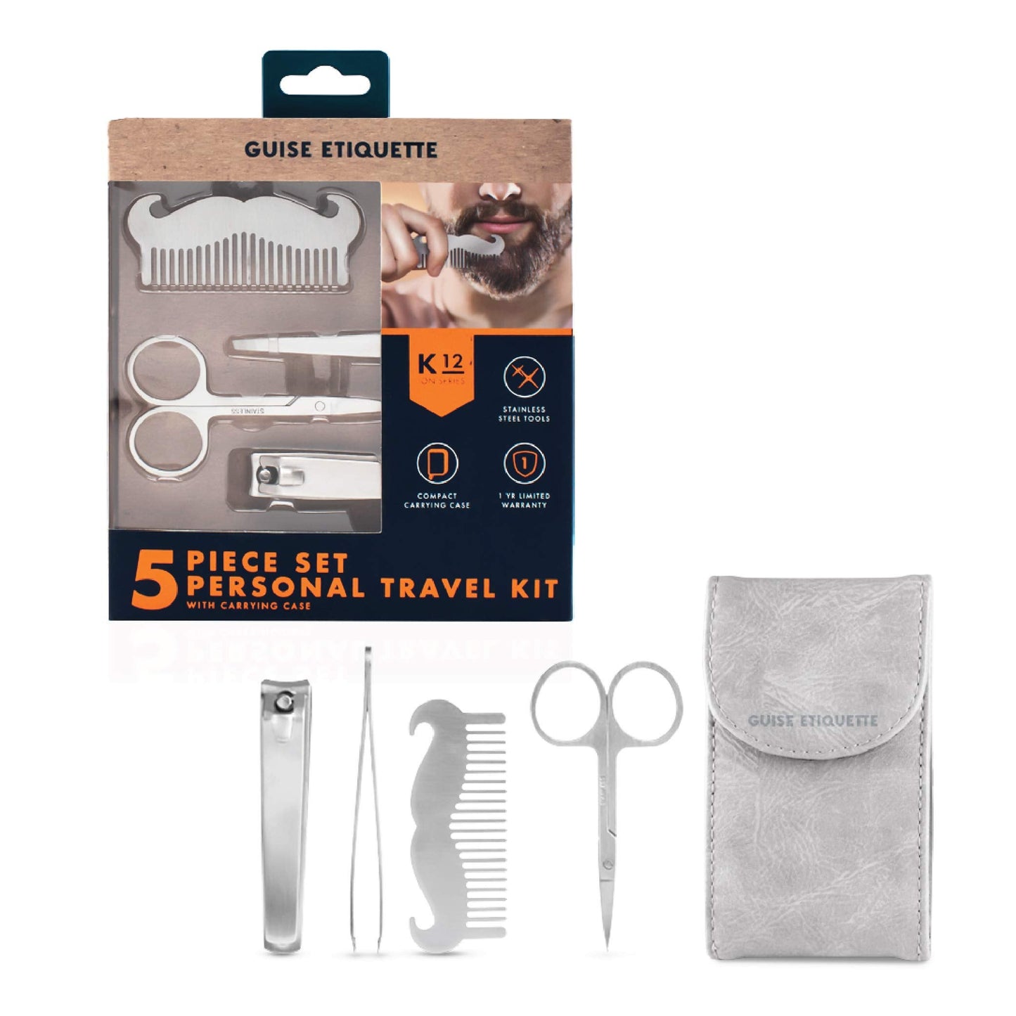 GUISE ETIQUETTE - 5 Piece Personal Travel Kit Set with Carrying Case (K12 Ion Series) - Grooming Kit with Stainless Steel Beard & Mustache Comb, Nail Beauty and Personal Care GUISE ETIQUETTE