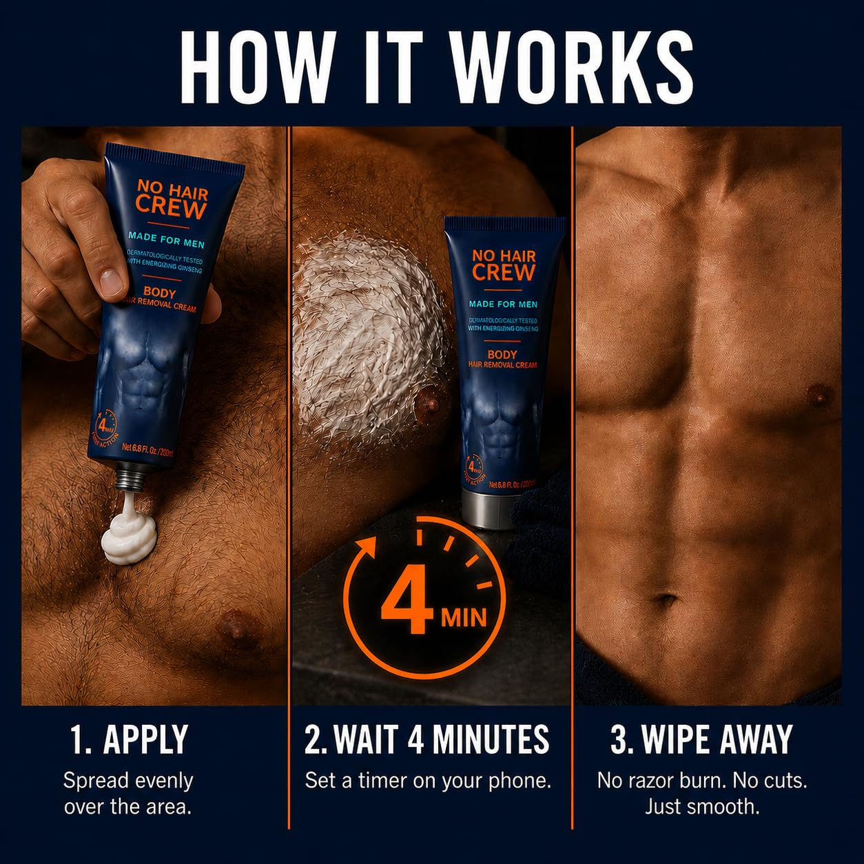 No Hair Crew Body At Home Hair Removal Cream for Manscaping Unwanted Hair with Energizing Ginseng, Premium Depilatory, Painless & Flawless, Made Beauty and Personal Care NO HAIR CREW