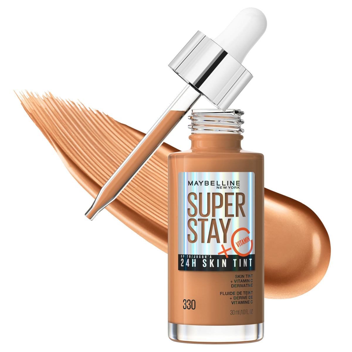 Maybelline Super Stay Up to 24HR Skin Tint, Radiant Light-to-Medium Coverage Foundation, Makeup Infused With Vitamin C, 330, 1 Count