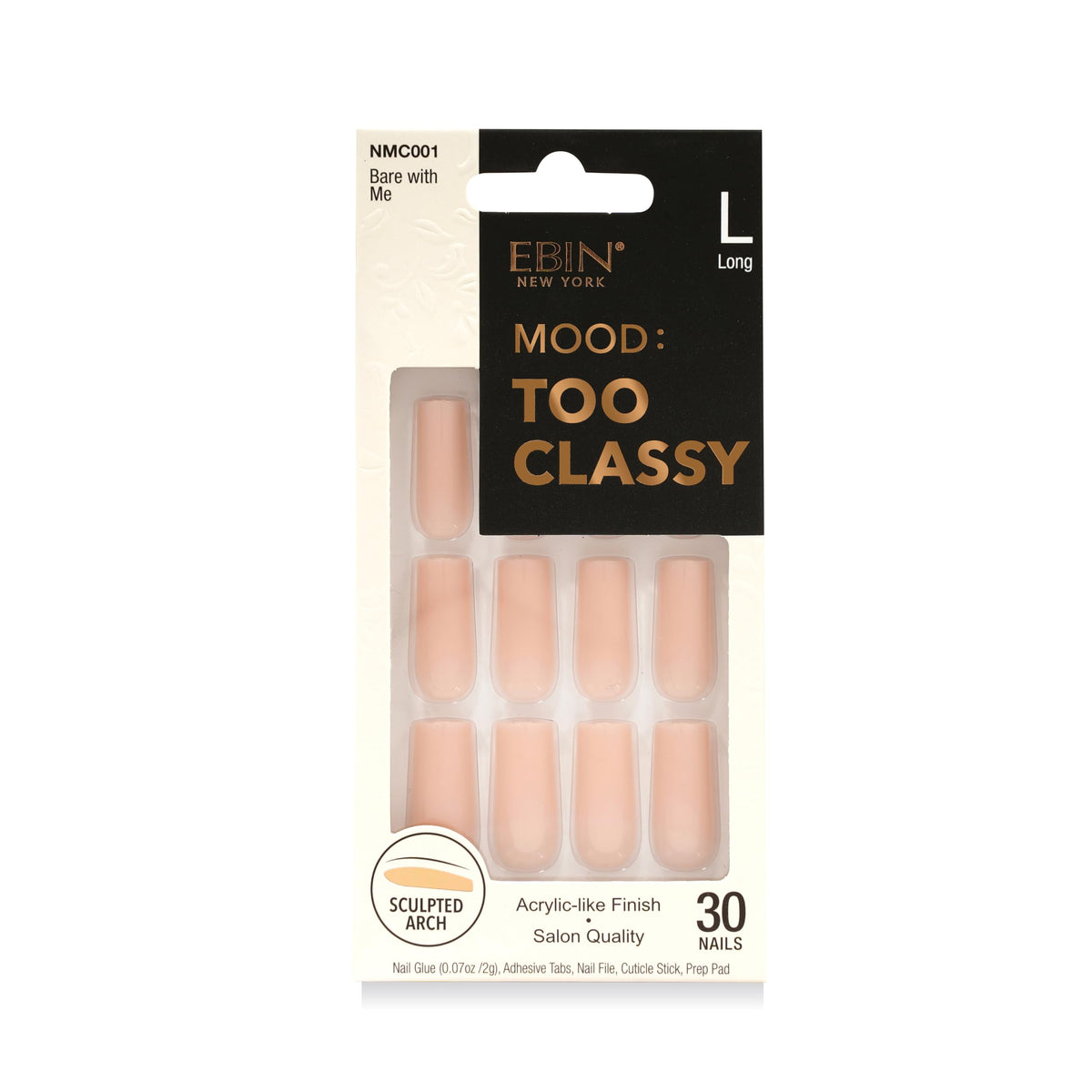 MOOD: TOO CLASSY Press On Nails - Bare with Me | Trendy Long Coffin Shape | Salon Acrylic Finish, Kit Includes 30 Nail Tips, Mini Glue, Adhesive Tabs