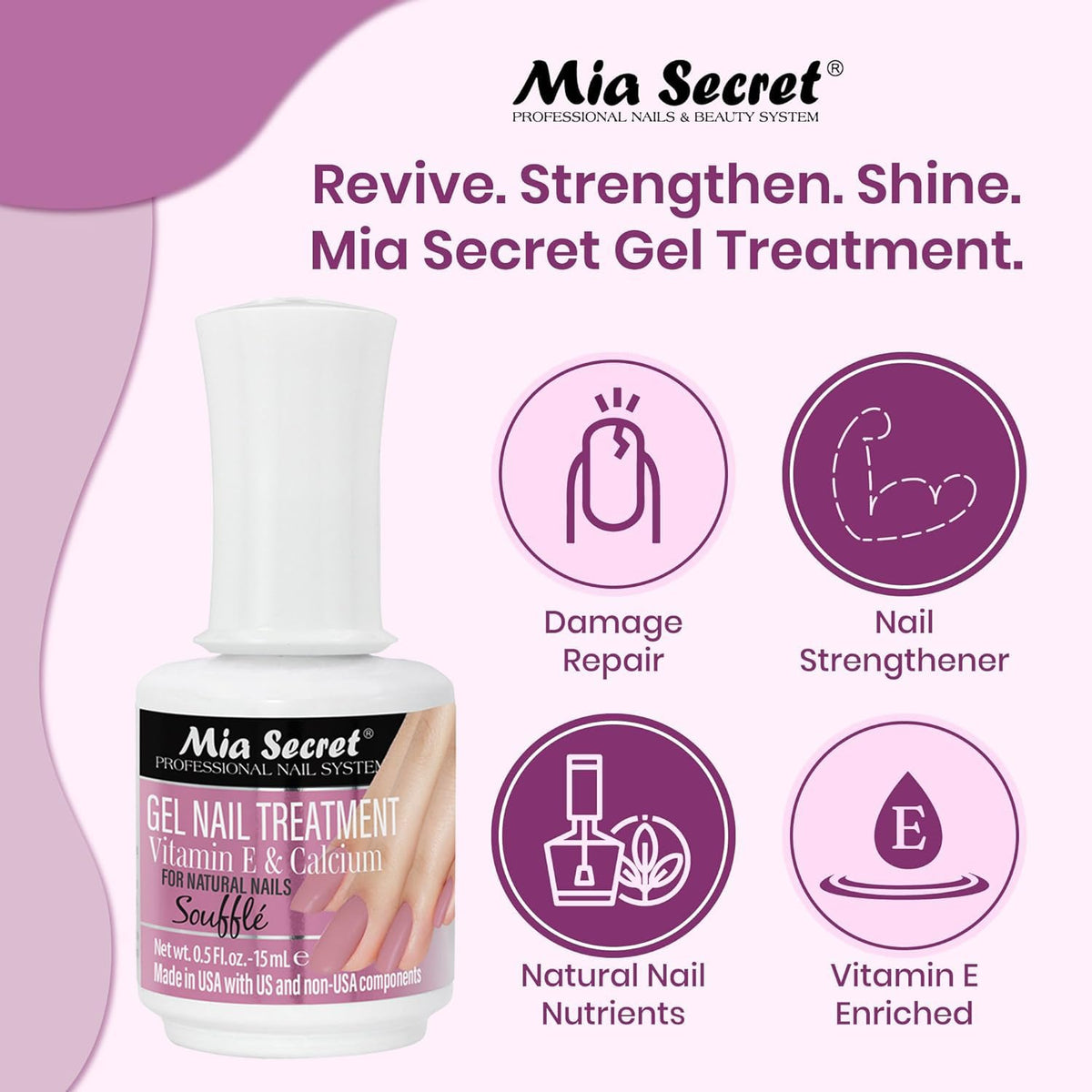 Mia Secret Gel Nail Treatment with Vitamin E and Calcium, 15ml - Nail Polish with Vitamin E and Calcium - Nail Repair and Strengthening Gel for Nails