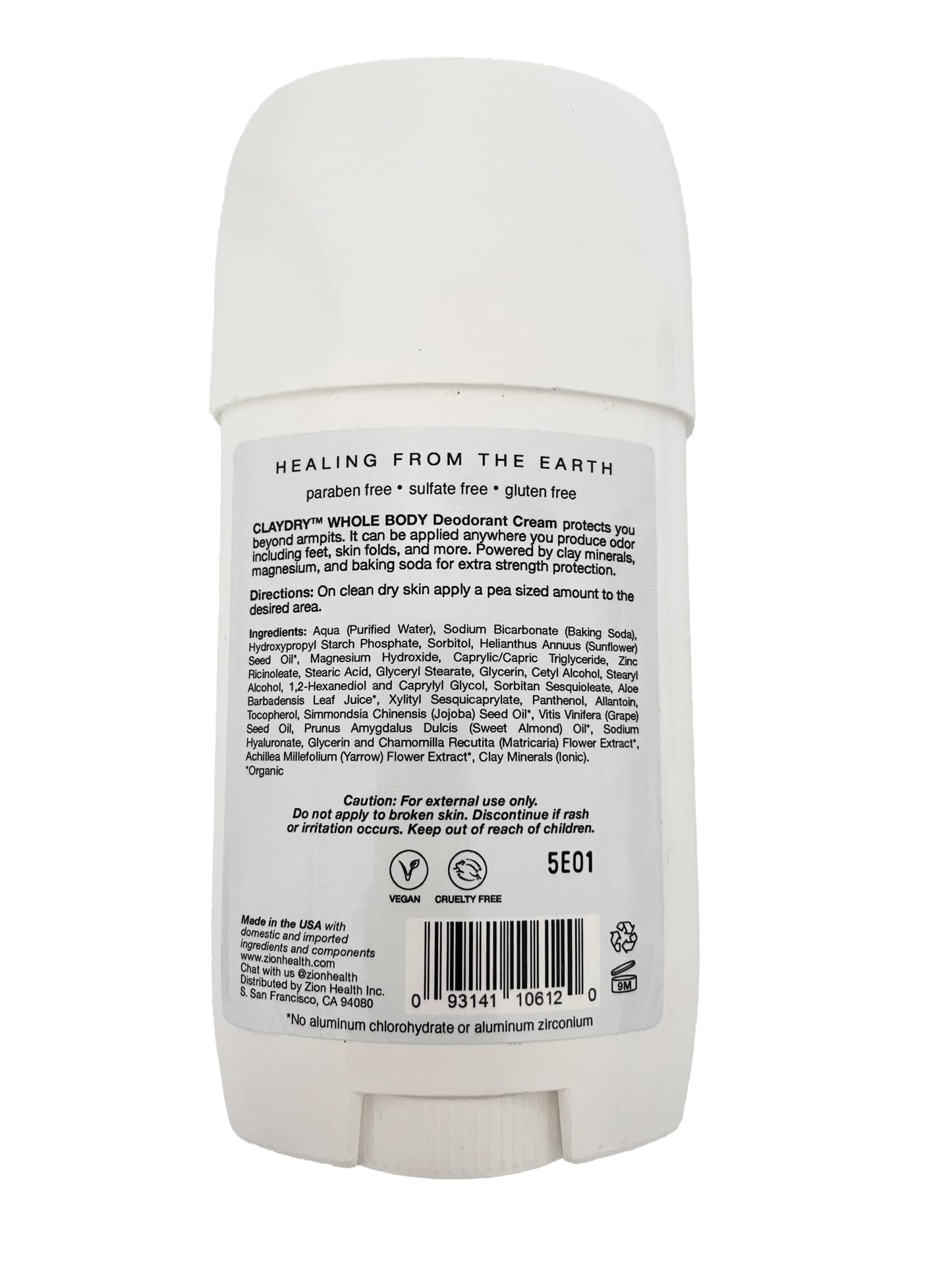 Zion Health Clay Dry Whole Body Deodorant Cream 2.3 oz Fragrance Free Beauty and Personal Care Zion Health