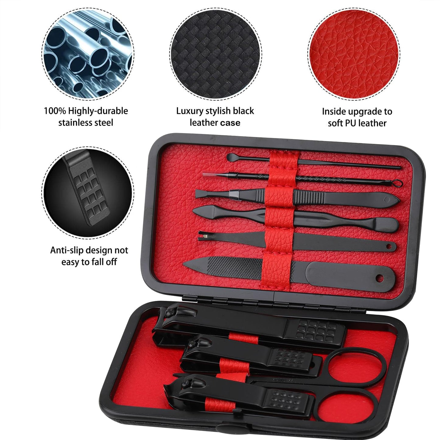 Glamne Manicure Set Nail Clippers Kit Professional Stainless Steel Nail Care Tools with Leather Travel Case 10 in 1 Black Beauty & Personal Care GLAMNE