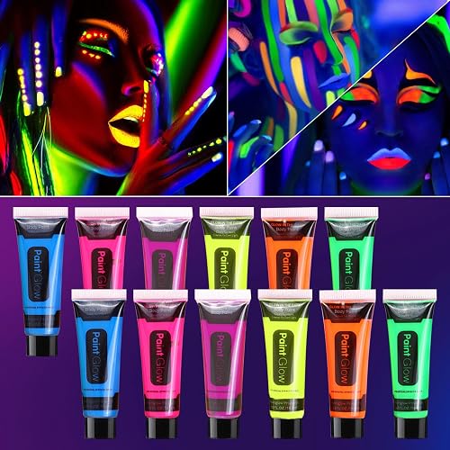 WYBLZPXZ 12 Pcs Glow in Dark Face Body Paint,Black Light Glow Makeup Set Neon Fluorescent,Glow Blacklight Body Face Paint Set Face Painting for Music Beauty & Personal Care WYBLZPXZ