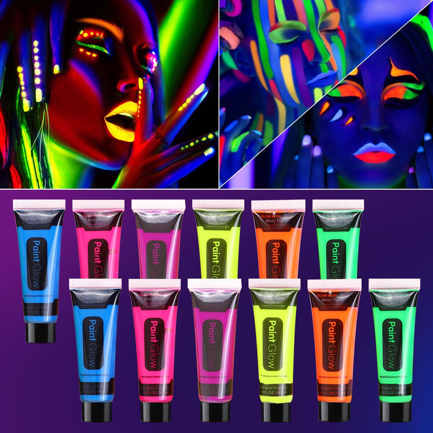 WYBLZPXZ 12 Pcs Glow in Dark Face Body Paint,Black Light Glow Makeup Set Neon Fluorescent,Glow Blacklight Body Face Paint Set Face Painting for Music Beauty & Personal Care WYBLZPXZ