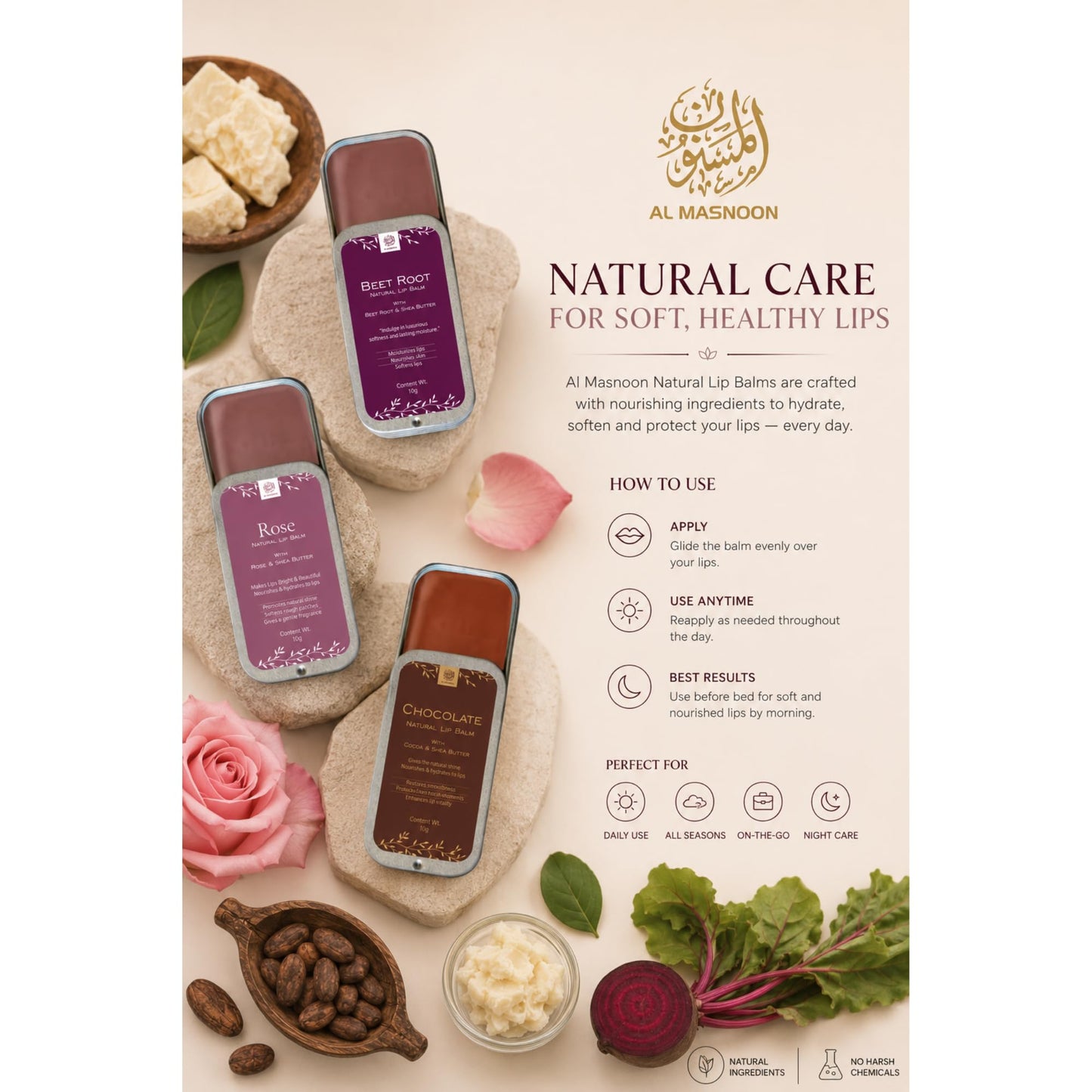 AL MASNOON 100% Natural Beetroot,Rose & Chocolate Lip Balm with Shea Butter & Beetroot Extract - Nourishing & Moisturizing 10g Pack, No Color Added Beauty and Personal Care al masnoon