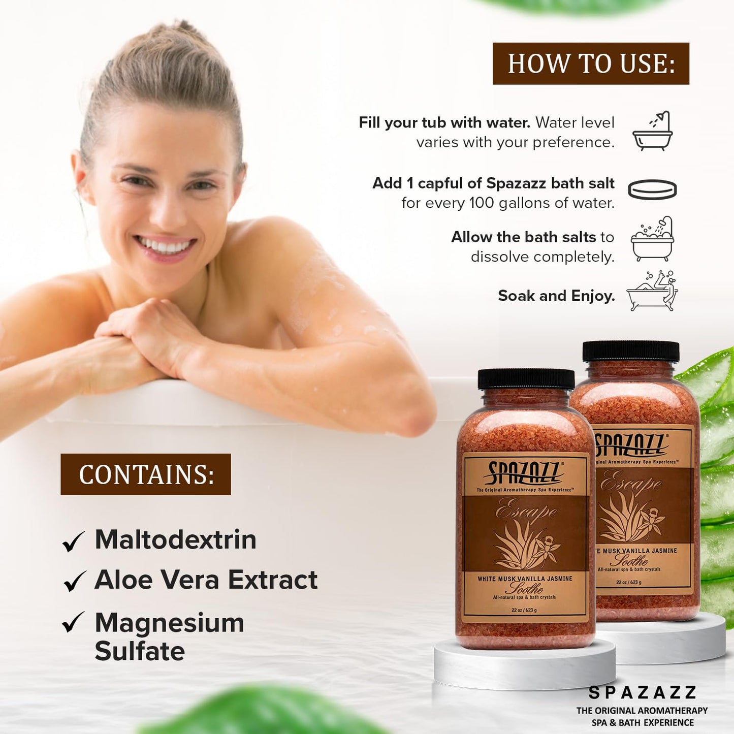 Spazzaz Escape Hot Tub & Spa Bath Salt Aromatherapy Crystals - 22oz White Musk Vanilla Jasmine Scented Bath Salts - Mineral Soaking Salts for Relaxing Beauty and Personal Care Spazazz