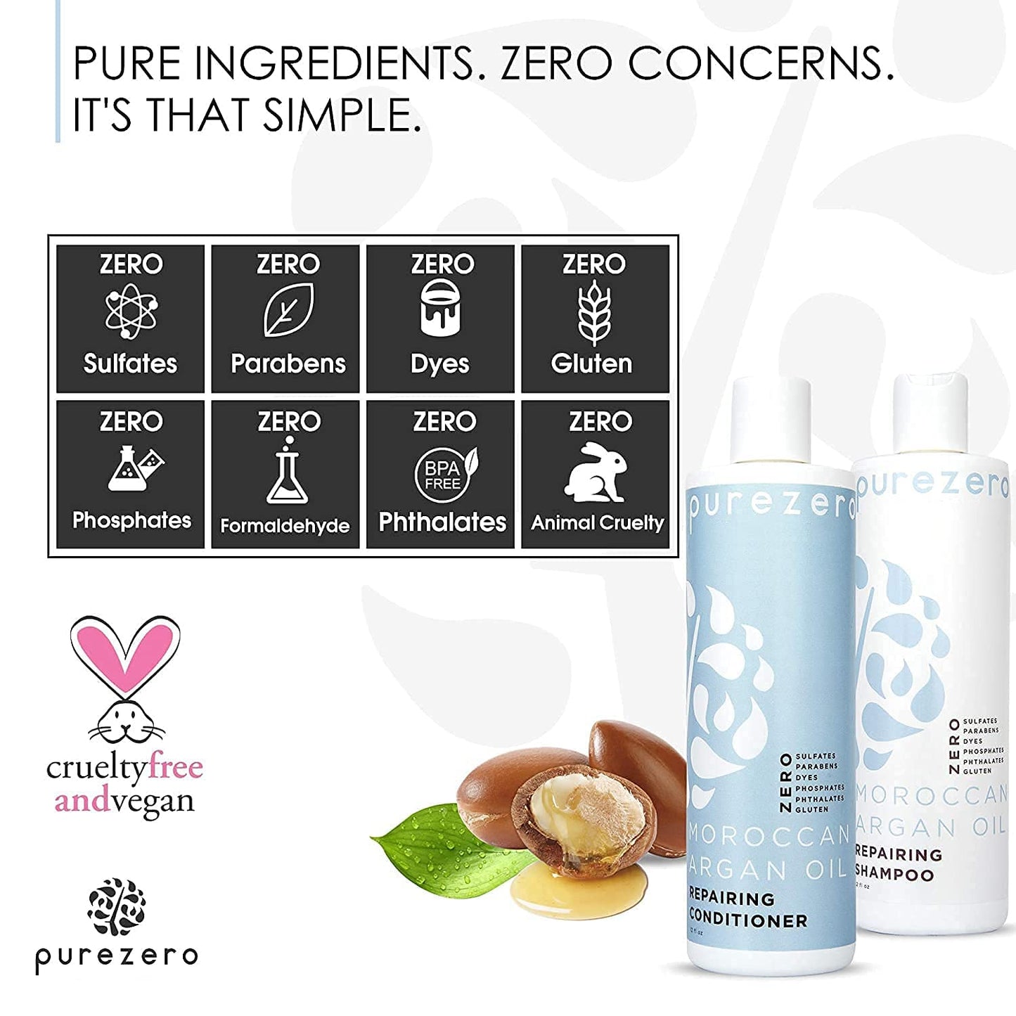 Purezero Moroccan Argan Oil Shampoo & Conditioner set - Repair Damaged Hair - Fight Dandruff & Frizz - Zero Sulfates, Parabens, Dyes, Gluten - Vegan Beauty & Personal Care Purezero