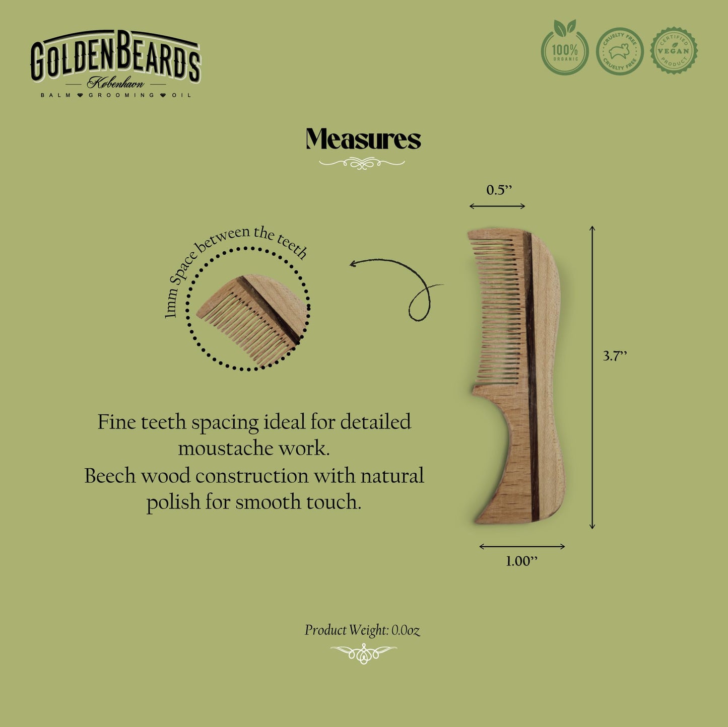 Eco Wood Moustache Comb 2.5 in - Fine Tooth Beechwood Comb for Shaping, Styling & Detangling Mustache - Eco-Friendly, Handmade, Static-Free (3.7") Beauty and Personal Care Golden Beards Kobenhavn BALM GROOMING OIL