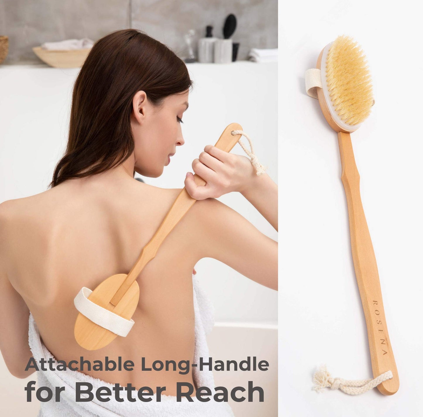 Dry Brushing Body Brush Set - Natural Bristle Spa Exfoliator Kit with Face Cleansing Brush, Long Dry Brushing Body Brush for Lymphatic Drainage Beauty & Personal Care ROSENA