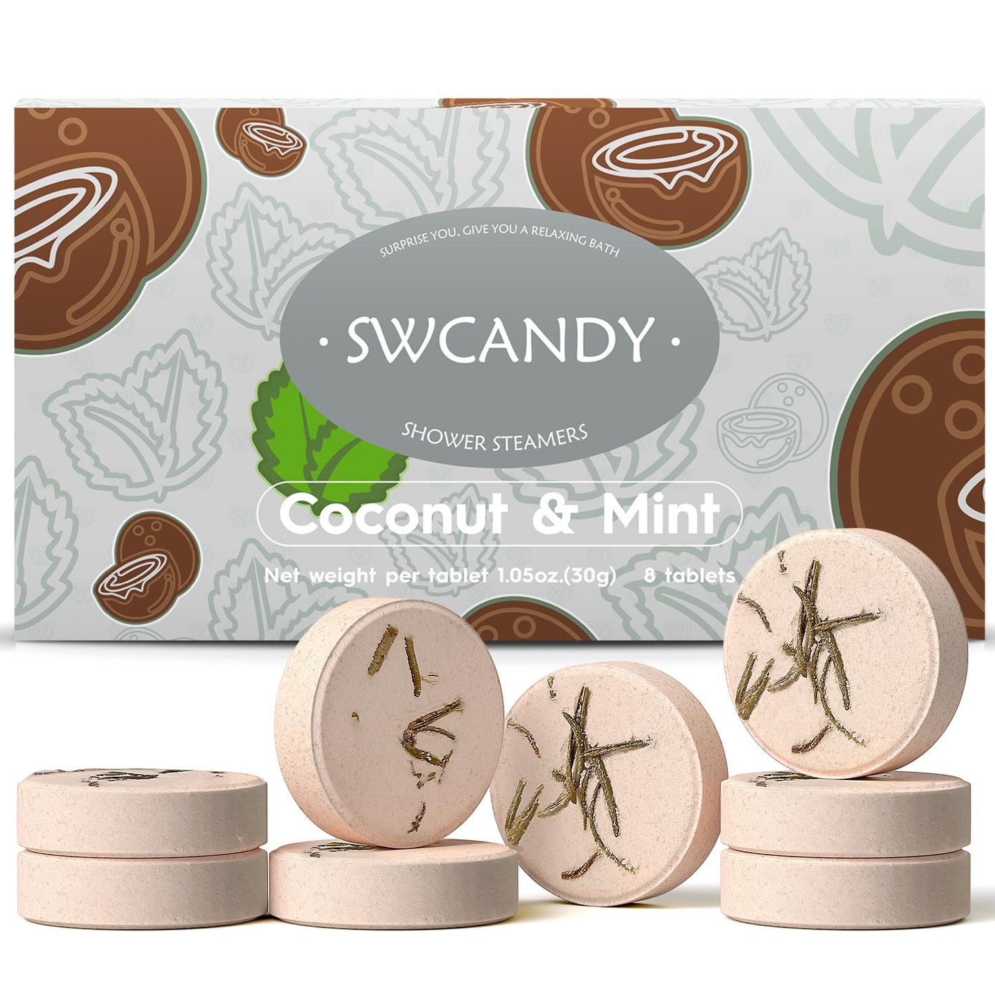 SWCANDY Shower Steamers Aromatherapy Birthday Gifts for Women Travel Essentials, 8 Pcs Coconut Mint, Bath Bombs Shower Bombs with Natural Essential Beauty and Personal Care SWCANDY