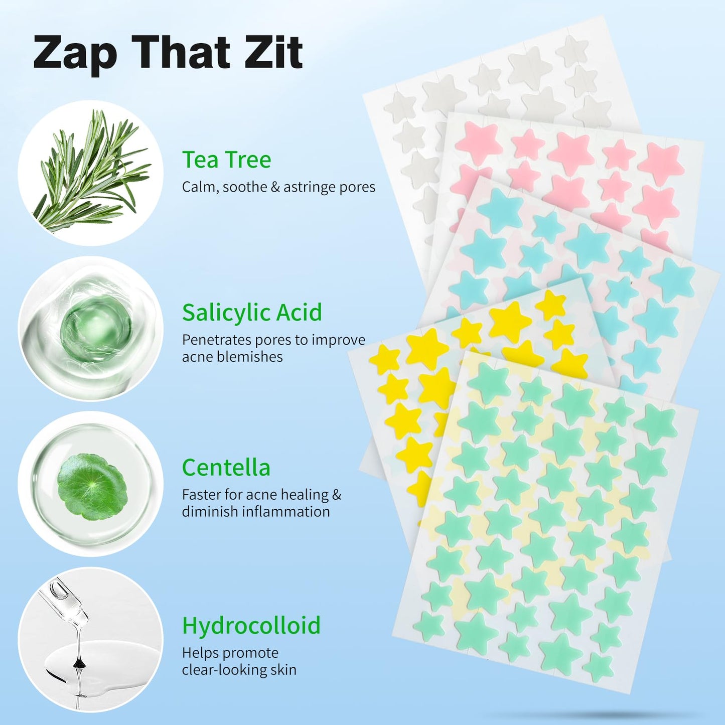 QUSTERE Pimple Patches for Face, Hydrocolloid Acne Patches, Cute Star Zit Covers, Colorful Spot Stickers with Tea Tree, Salicylic Acid & Cica Oil| 3 Beauty & Personal Care QUSTERE