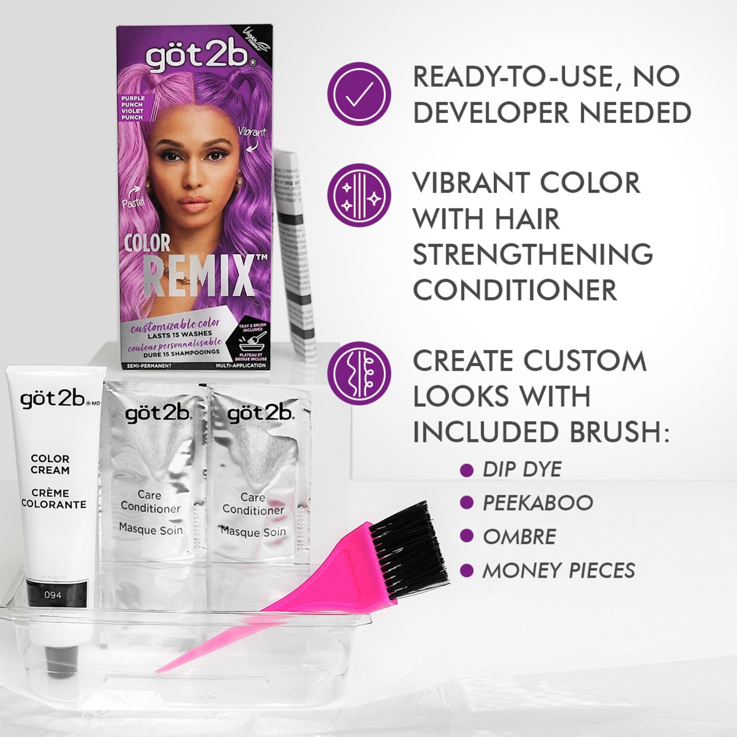 got2b Color Remix Semi-Permanent Hair Color, Purple Punch 094, Customizable Temporary Hair Dye to Create A Vibrant or Pastel Shade, Easy At-Home Beauty & Personal Care Got2B