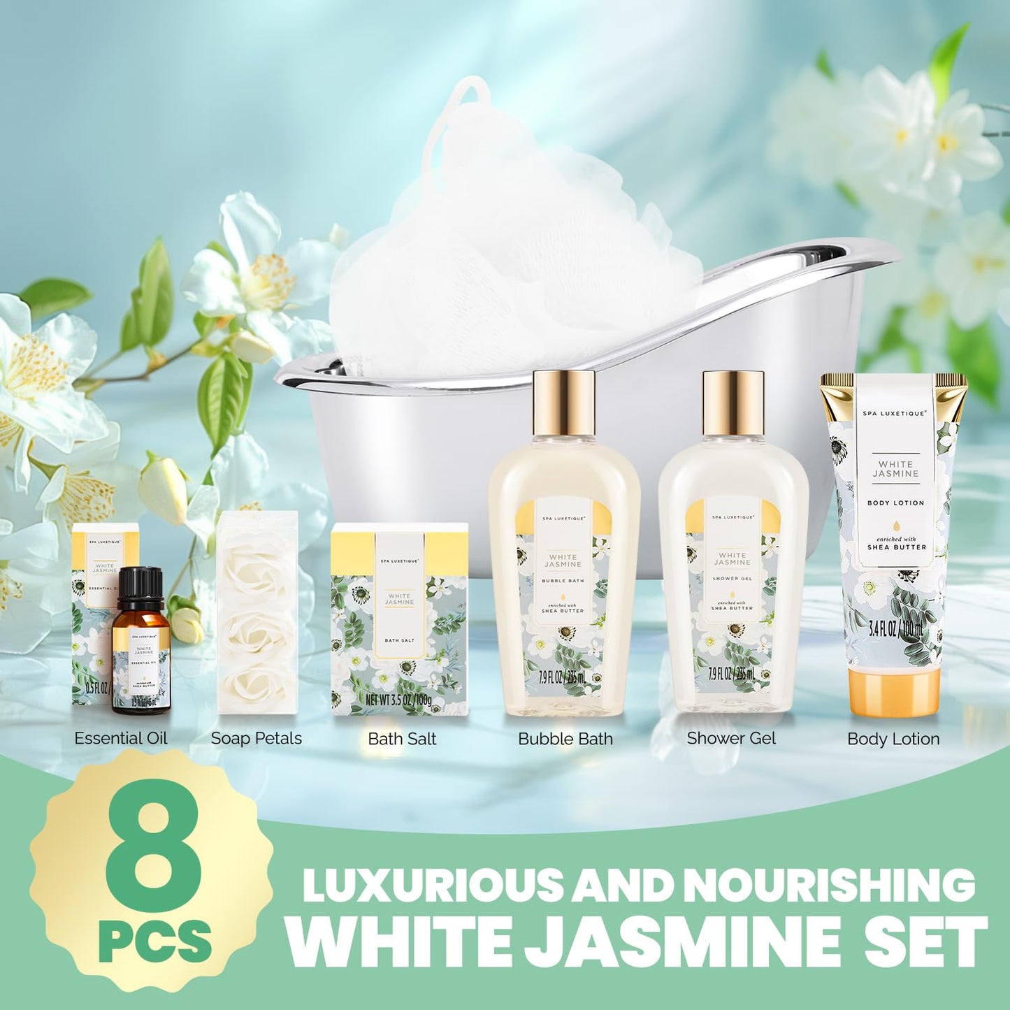 Spa luxetique Bath and Body Gifts for Women 8pcs Jasmine Scented Spa Sets with Bubble Bath Gift Baskets for Women Mother's Day Gifts for Mom Beauty & Personal Care spa luxetique