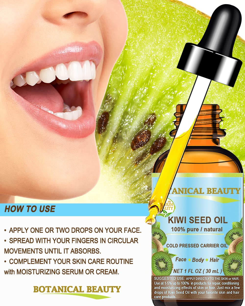 Botanical Beauty KIWI SEED OIL. 100% Pure Natural Undiluted Virgin Cold Pressed Carrier Oil for Face, Skin, Body, Hair, Nail Care (2 Fl Oz) Beauty & Personal Care Botanical Beauty