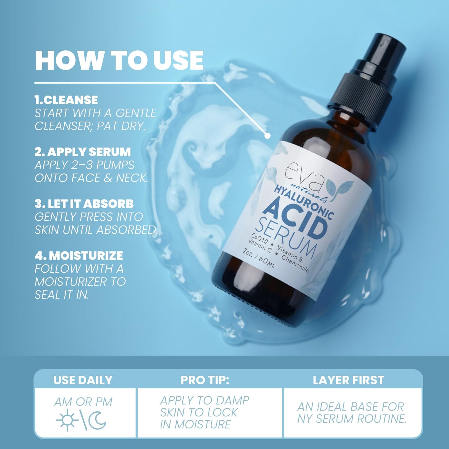 Eva Naturals Hyaluronic Acid Serum for Face - Lightweight Hydrating Facial Serum - Daily Moisturizer with Vitamin B5 - 60 ml Beauty & Personal Care Eva Naturals