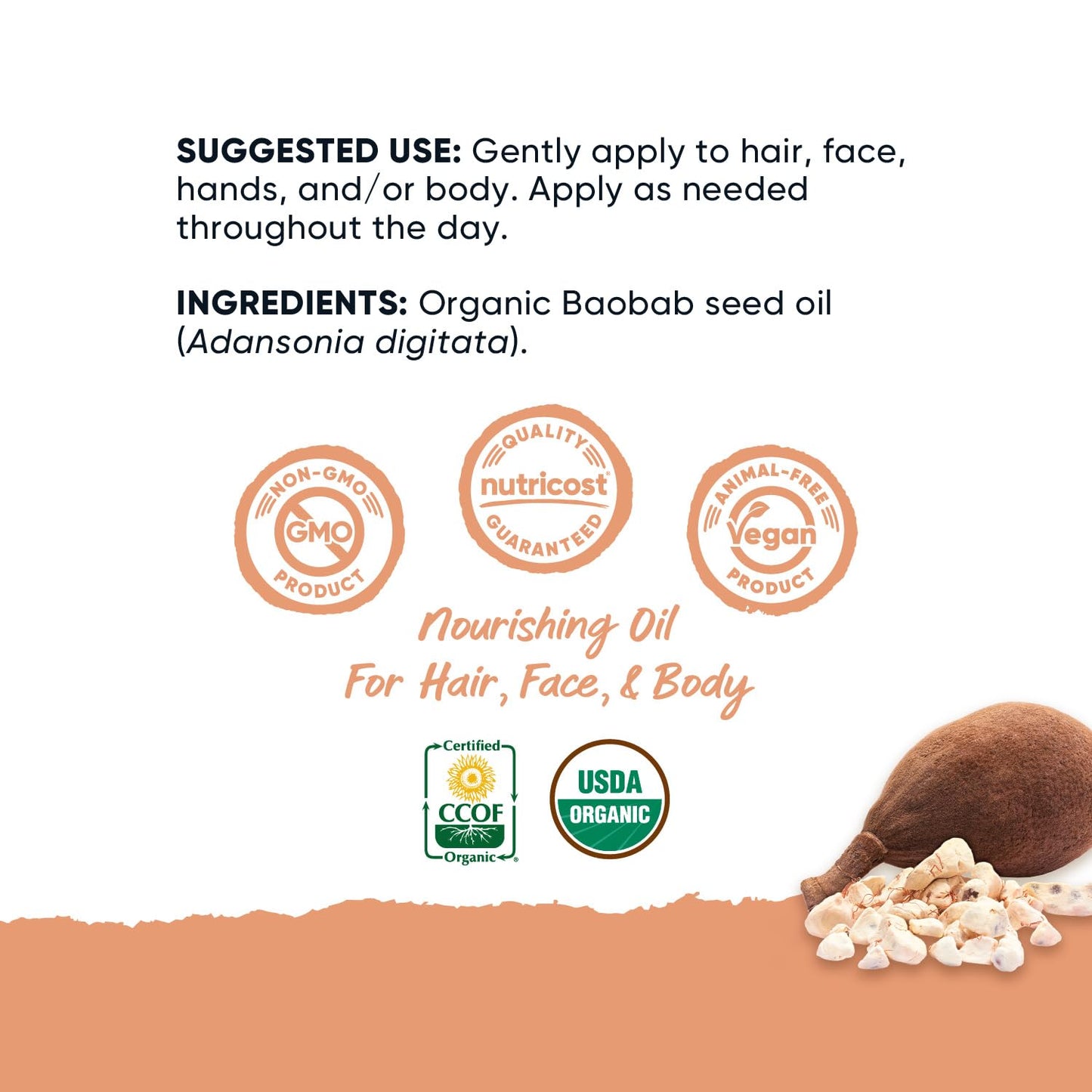 Nutricost Organic Baobab Oil (4 FL OZ) - Nourishing Oil For Hair, Face, & Body, Cold Pressed & Unrefined Beauty & Personal Care Nutricost