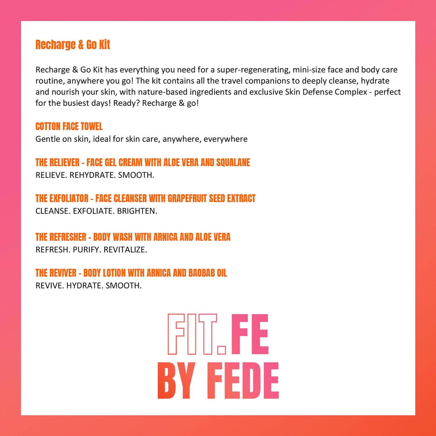 Fit.Fe By Fede Active Lifestyle Recharge and Go Set - Hydrating Face Moisturizer - Gentle Face Wash - Arnica and Aloe Vera Body Soap - Vegan - 6 Pc. Beauty and Personal Care Fit.Fe By Fede