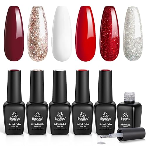 Beetles Gel Nail Polish - Candy Cane Gel Polish Set, 6 Color Burgundy Red Glitter White Silver Snow Holiday Sparkle Manicure Kit Soak off Uv Nail Art Beauty & Personal Care beetles Gel Polish