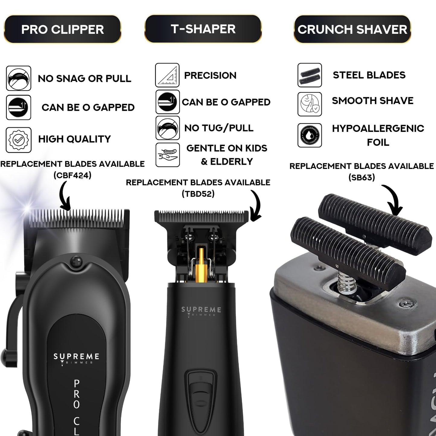 Supreme Trimmer 3-in-1 Barber Bundle - Pro Clipper Lite, T-Shaper Trimmer & Crunch Foil Shaver - Professional Beard Trimmer Men’s Hair Clipper Kit Beauty and Personal Care Supreme Trimmer