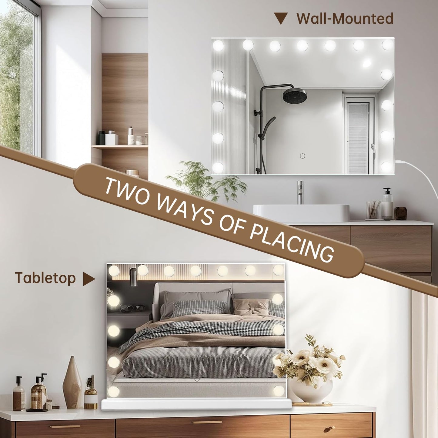 Amifiy Hollywood Vanity Mirror with Lights, 23"x18" Lighted Makeup Mirror with 10x Magnification for Desk/Wall Mount, 15 Led Bulbs, 3 Lighting Modes Beauty and Personal Care Amifiy