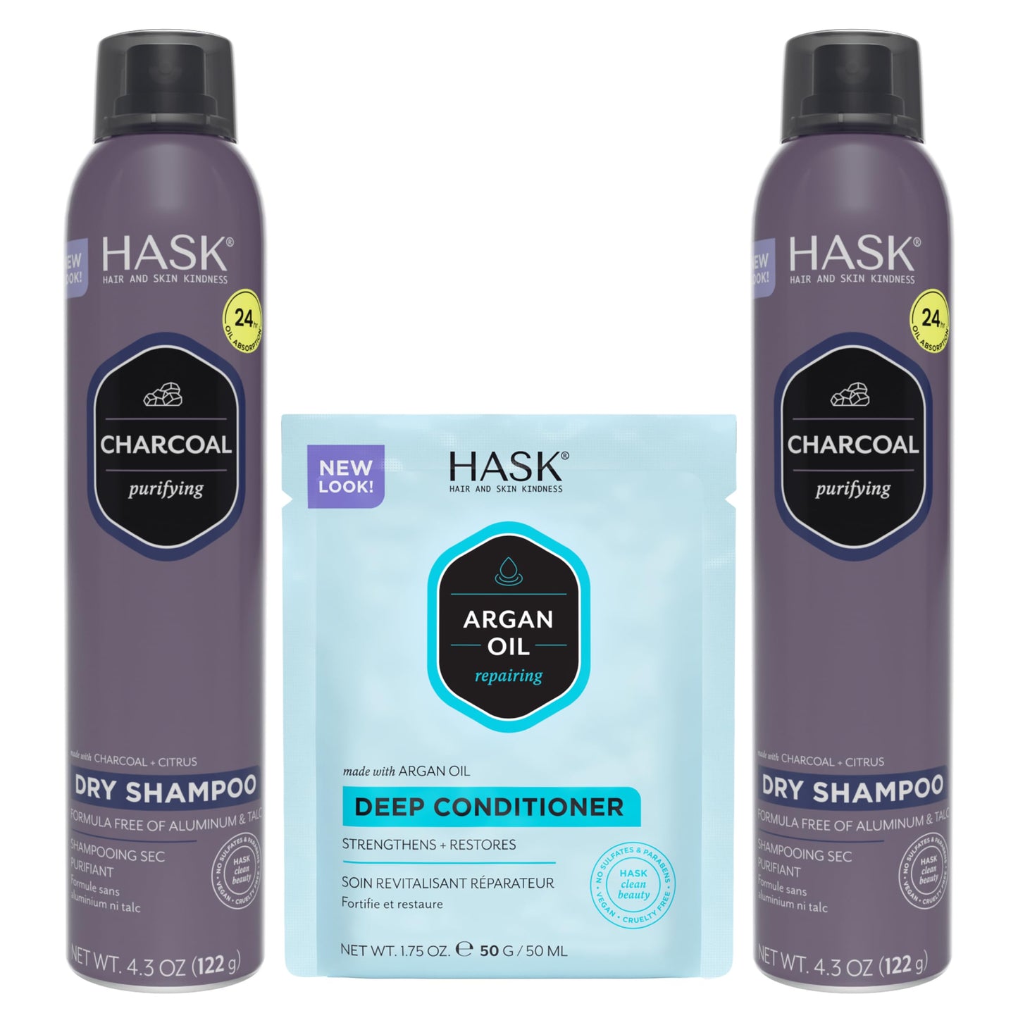 HASK Charcoal Clarifying Dry Shampoo Duo (4.3oz-Qty 2) & Argan Oil Repairing Deep Conditioner Packette, Aluminum-Free, Sulfate-Free, Paraben-Free Beauty & Personal Care HASK