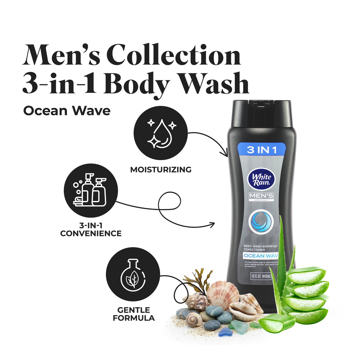 White Rain Mens 3 in 1 Body Wash Shampoo Conditioner, 15 fl oz, Pack of 2