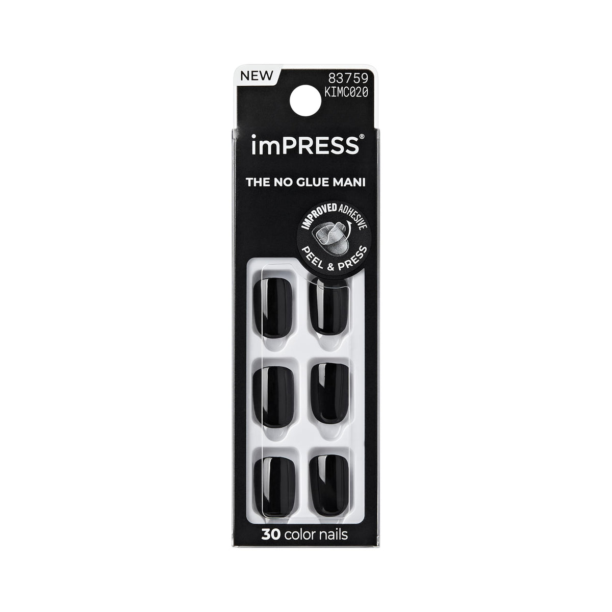 Kiss Impress No Glue Mani Press On Nails Kit, 30 All Black Peel and Stick Nails, Super Slim Short Squoval, Glossy Gel Finish, PureFit Technology