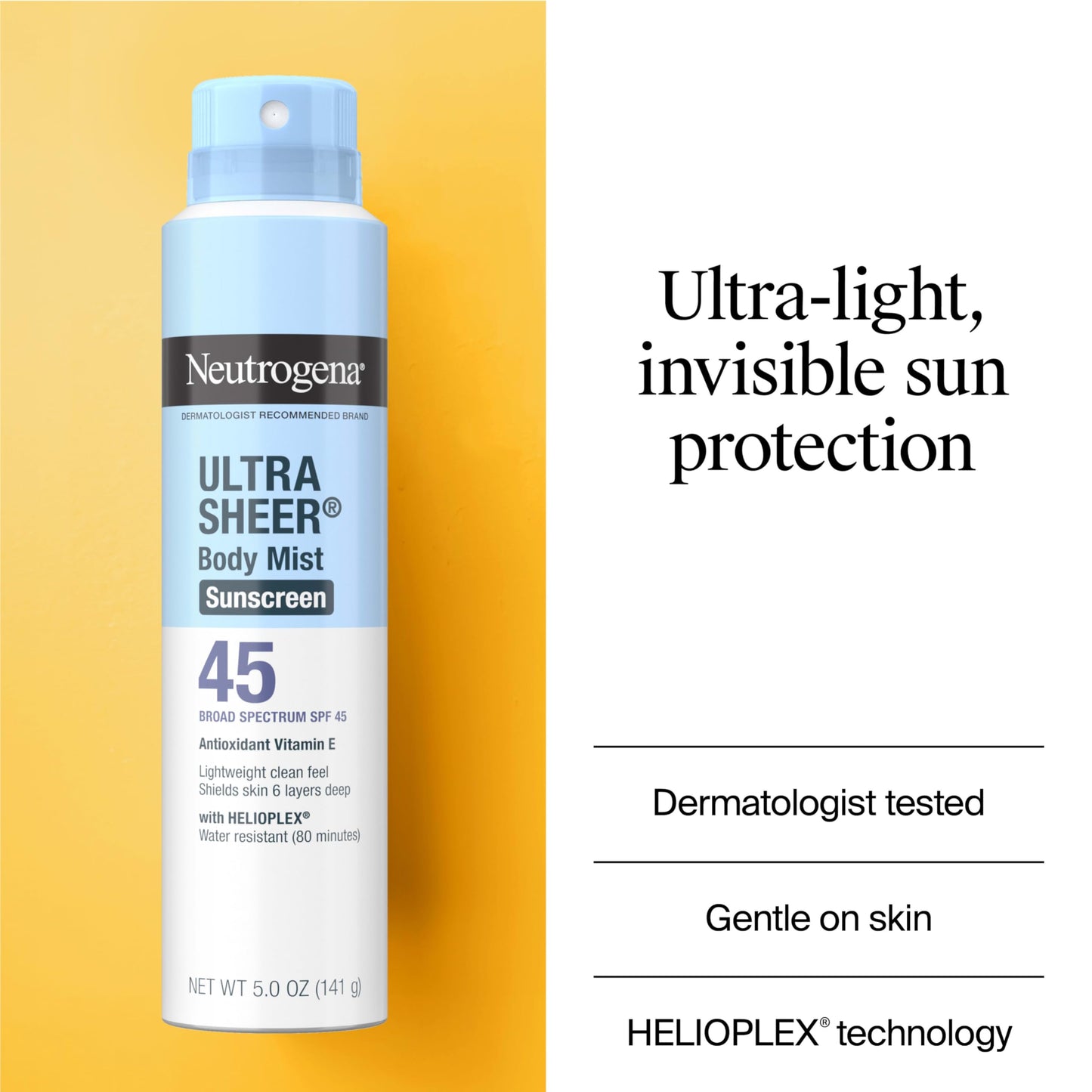 Neutrogena Ultra Sheer Sunscreen Spray SPF 45 Body Mist, Lightweight Non-Greasy Broad Spectrum UVA/UVB Protection, Oil-Free & Non-Comedogenic Water Beauty & Personal Care Neutrogena