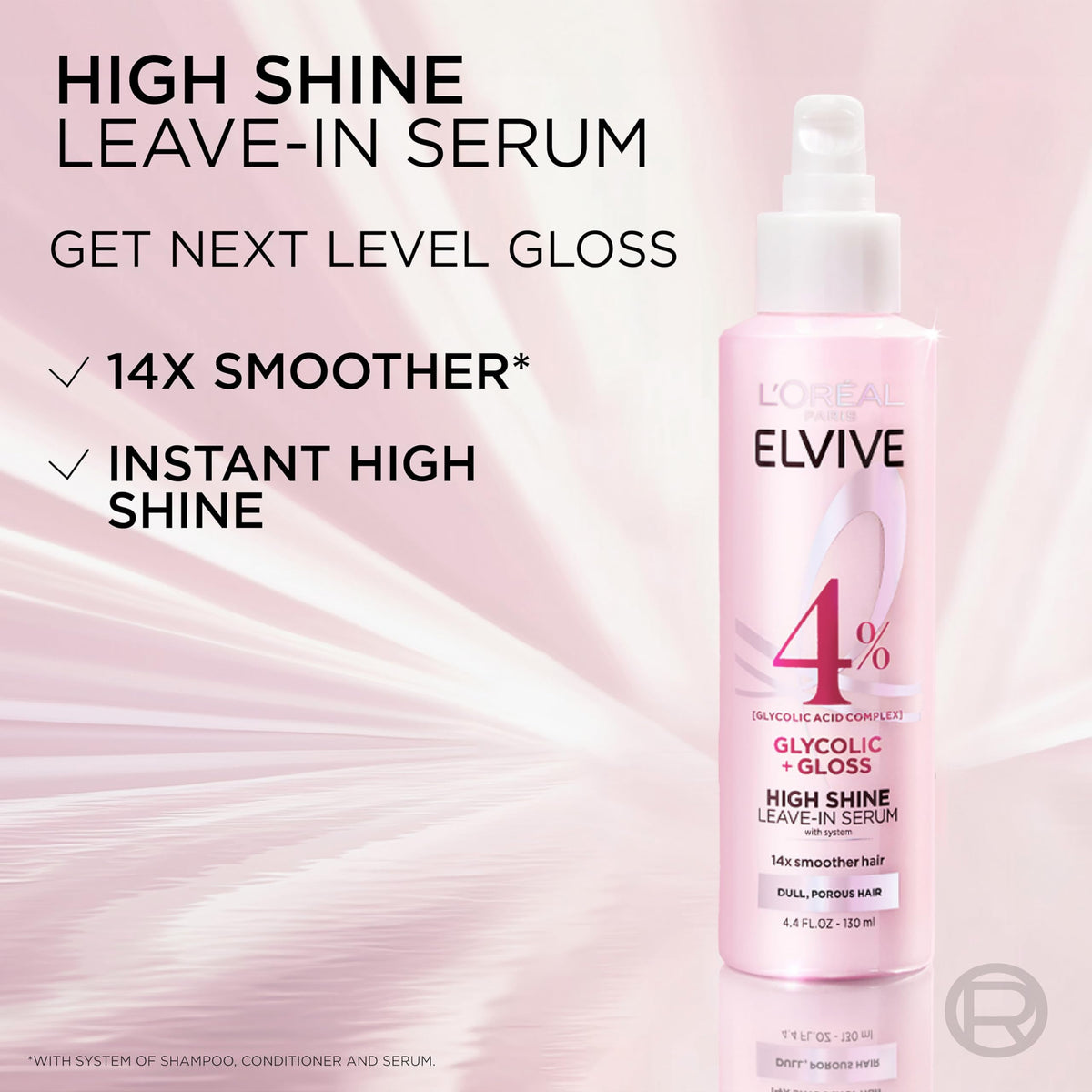 L'Oreal Paris Elvive Glycolic + Gloss High Shine Leave-In Hair Serum, Smooths Dull, Porous Hair Into High-Shine, Glossy Hair, 4.4 Fl Oz (Pack of 2)