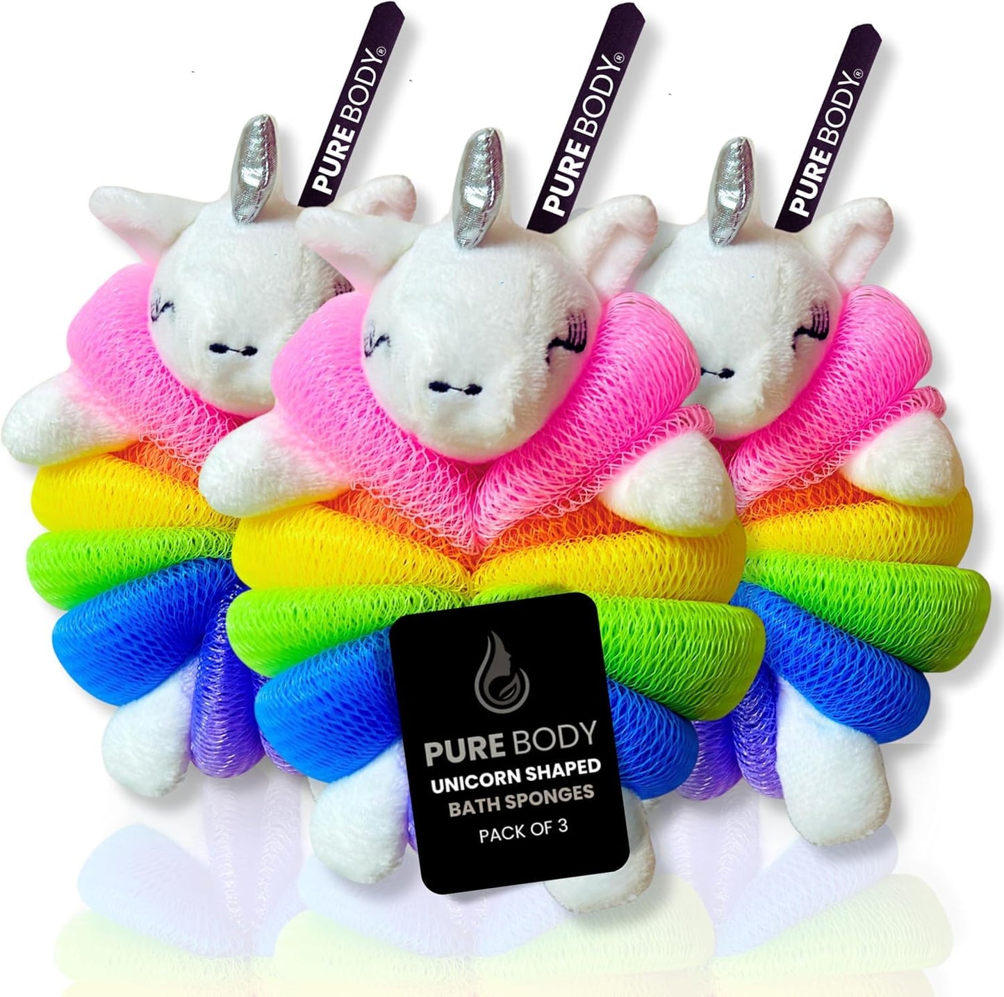 Cute Bath Sponge Loofah - Soft Mesh Body Pouf, Gentle Shower Sponges (3 Pack) Beauty and Personal Care Pure Body