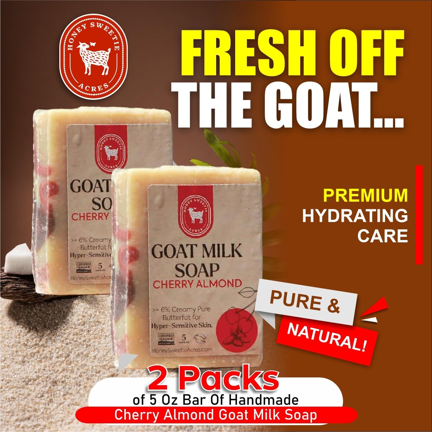 Honey Sweetie Acres 2-Pack of Cherry Almond Goat Milk Soap - Handmade 5 oz Bar, Made with Natural Ingredients, Moisturizing & Gentle, Made in the USA Beauty & Personal Care Honey Sweetie Acres