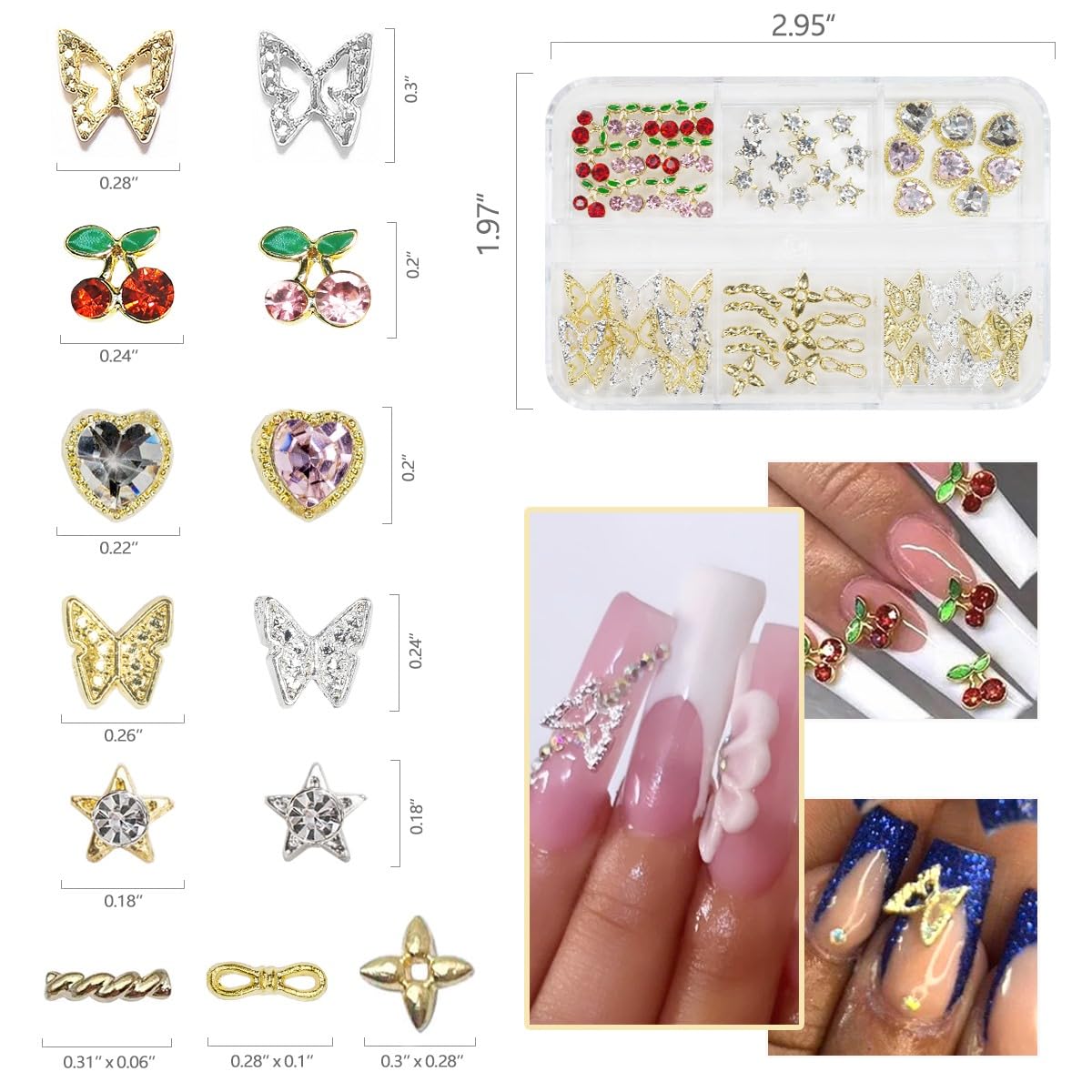 qiipii 56 Pcs Cute Charms for Nails Cherry Butterfly Heart Star Kawaii Crystals Pink Red Rhinestones Gems Golden Silver 3D Alloy Studs Nail Art Charms