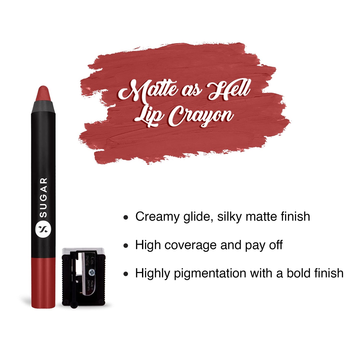 SUGAR Cosmetics Matte as Hell Crayon Lipsticks for Women Lasts Up To 8+ Hours Lip Crayon with Sharpener 2.8gm - 1 count (Pack of 1) 08 Jackie Brown Beauty & Personal Care SUGAR Cosmetics