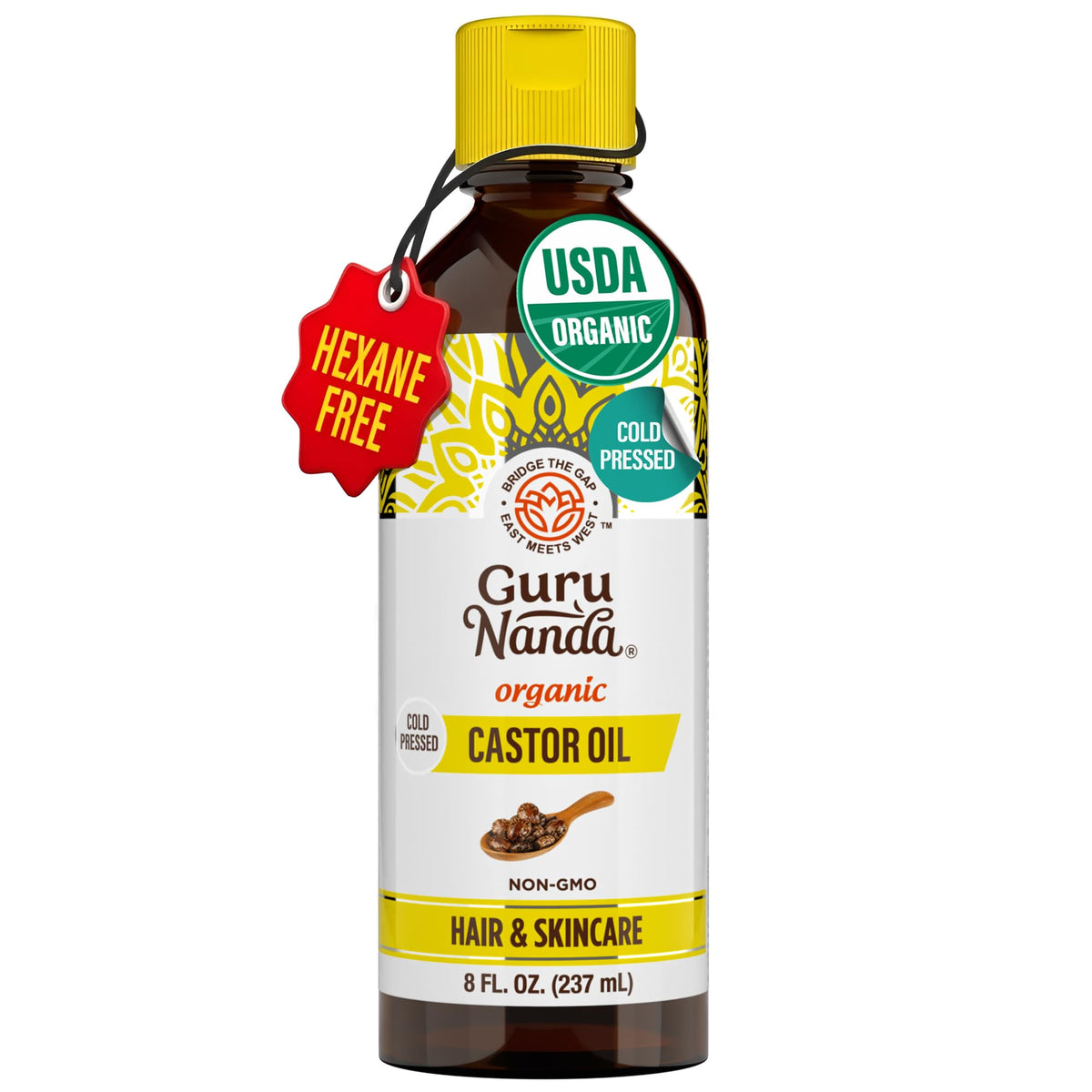GuruNanda Castor Oil Organic USDA Certified (8 Fl oz) - 100% Pure & Natural, Cold Pressed & Hexane-Free, Hydrating Carrier Oil for Skin, Hair Beauty & Personal Care GuruNanda