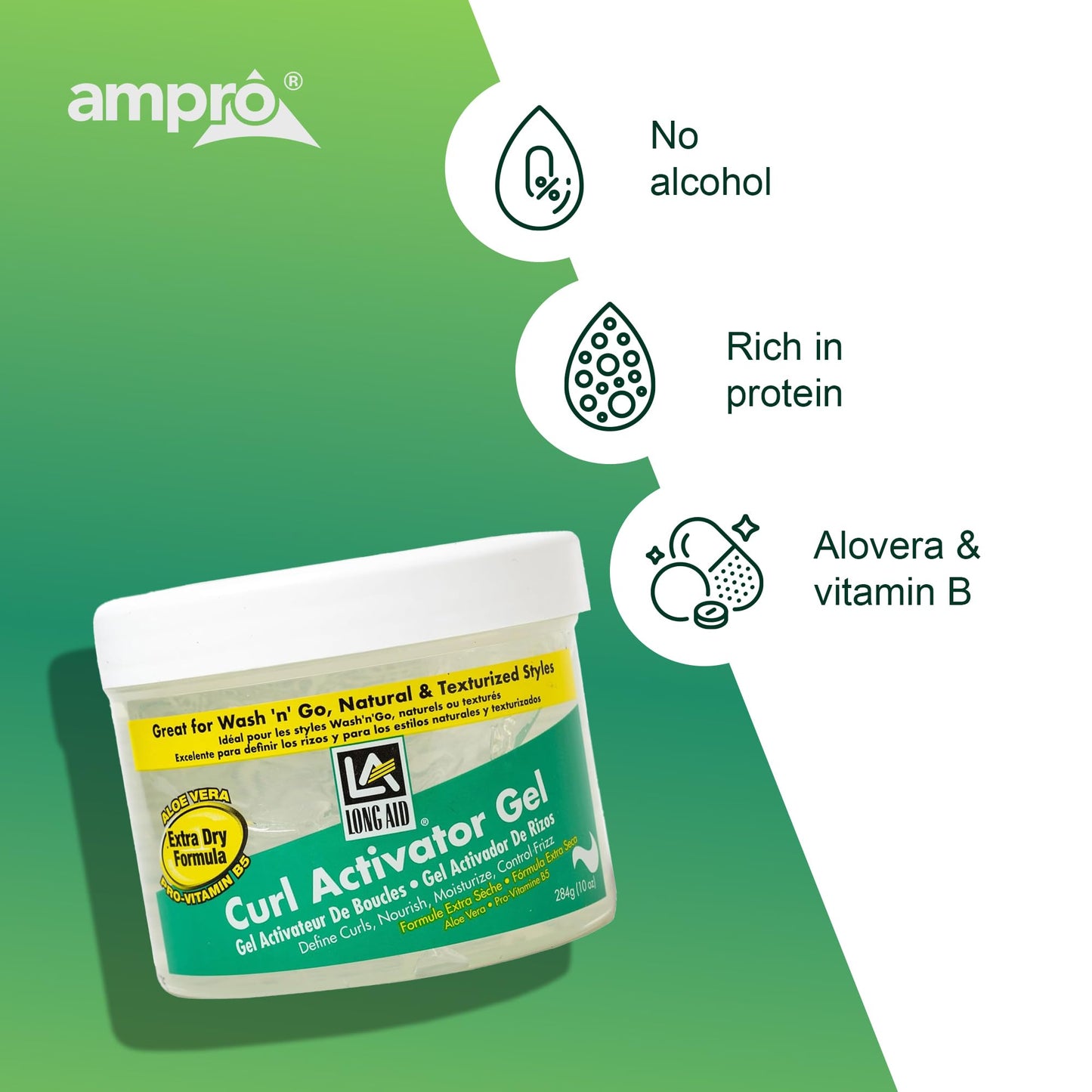 AmPro Long-Aid Activator Gel - Enriched with Aloe Vera, Protein, and Vitamin B Complex - Brings Essential Moisture to Strands - Defines Your Natural Beauty & Personal Care AMPRO