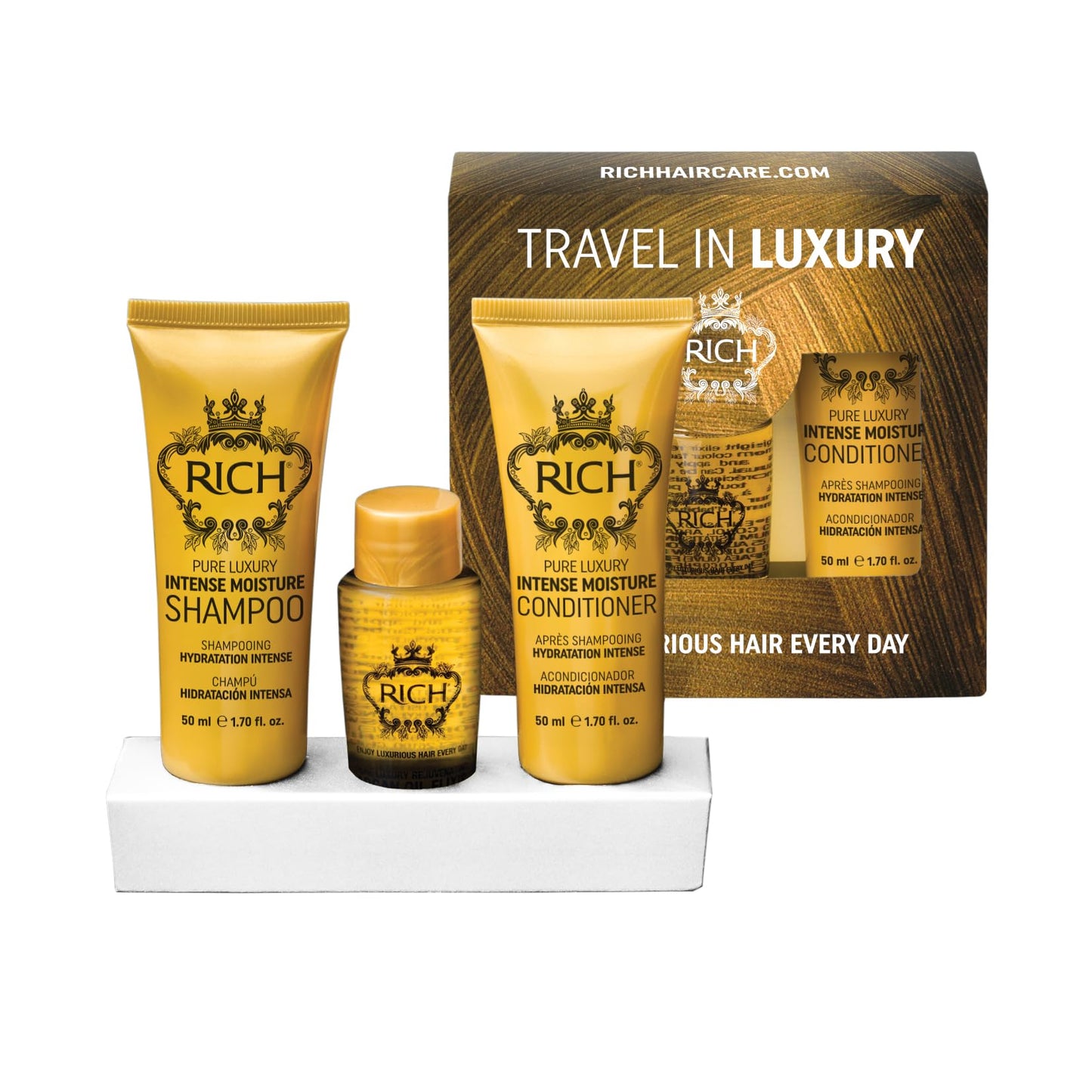RICH Travel in Luxury Gift Set - Intense Moisture Shampoo 1.70 Fl Oz, Conditioner 1.70 Fl Oz, Argan Oil Elixir 1.0 Fl Oz for moisturzing hair Beauty & Personal Care RICH