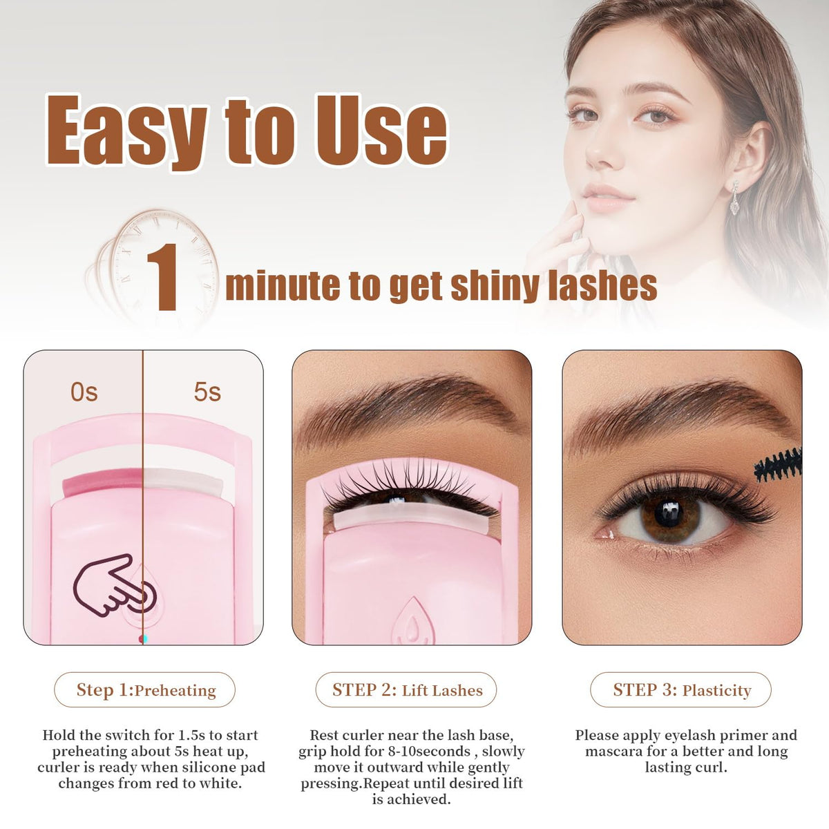 C-Shaped Heated Eyelash Curler Fast Heat Up in 5s - Rechargeable Electric Eyelash Curler for 24H Long Lasting Curls - Safe Anti-Burn Lash Curler