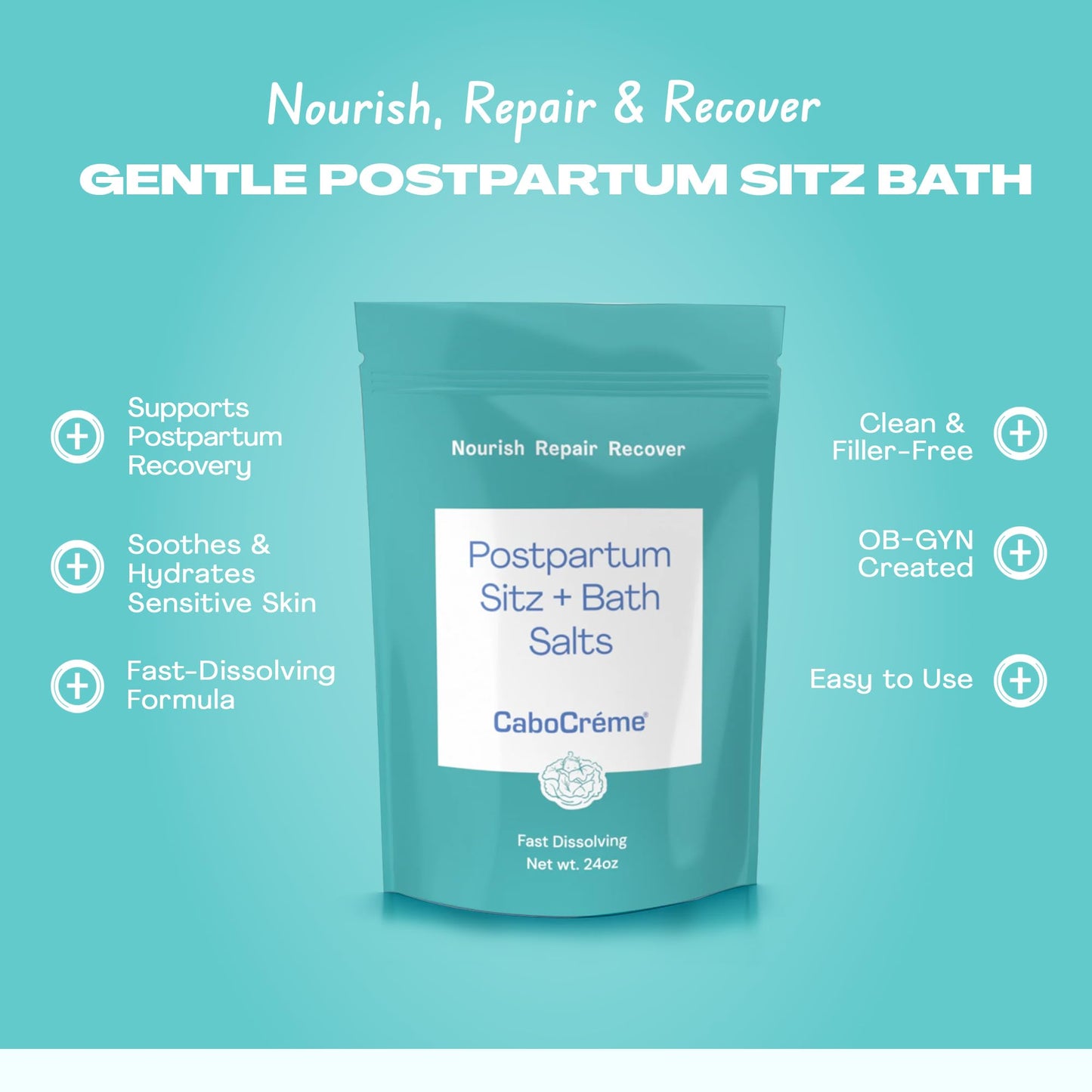 CaboCréme Postpartum Sitz + Bath Salts - 24oz - Postpartum Bath Soak for Perineal Care, Healing Tears, Swelling & Hemorrhoids - Dead Sea Salt Beauty and Personal Care Cabocreme
