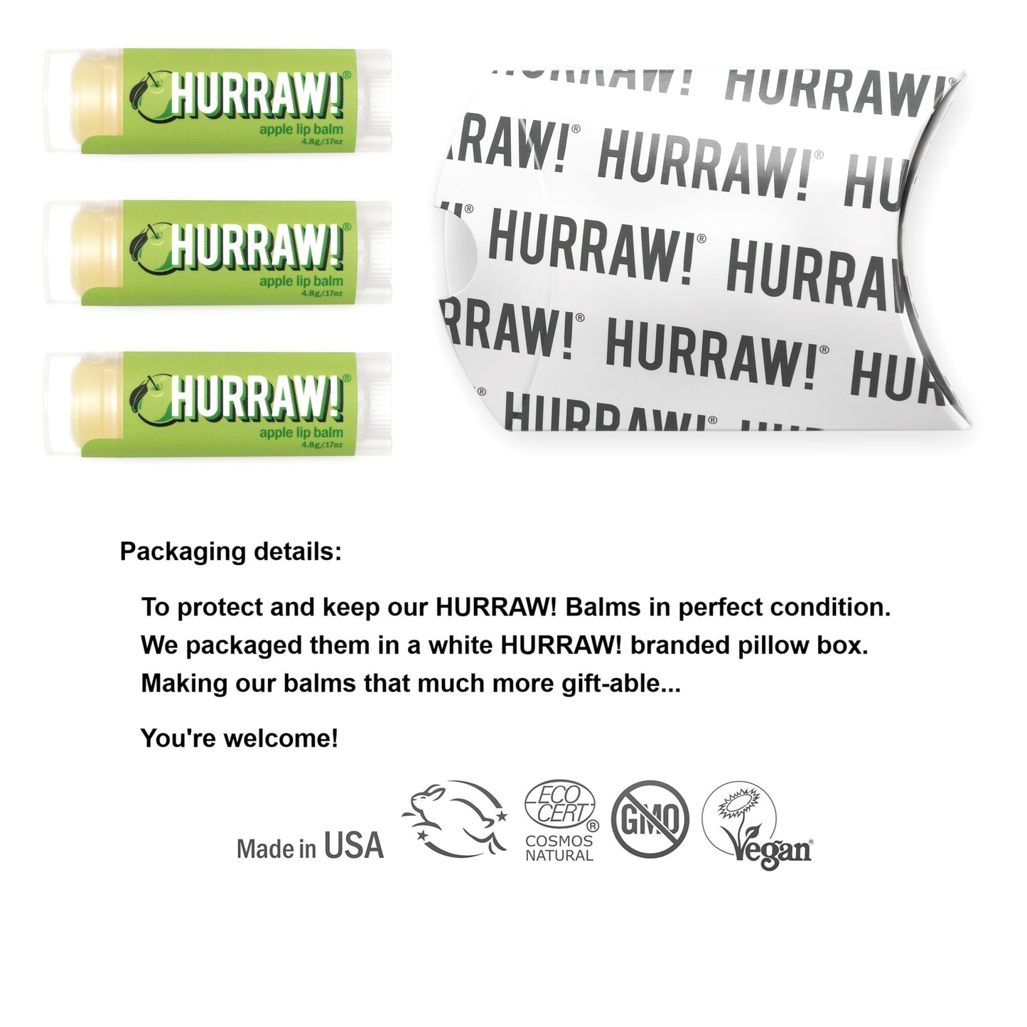 Hurraw! Apple Lip Balm, 3 Pack: Organic, Certified Vegan, Cruelty and Gluten Free. Non-GMO, 100% Natural Ingredients. Bee, Shea, Soy and Palm Free. Beauty & Personal Care HURRAW!