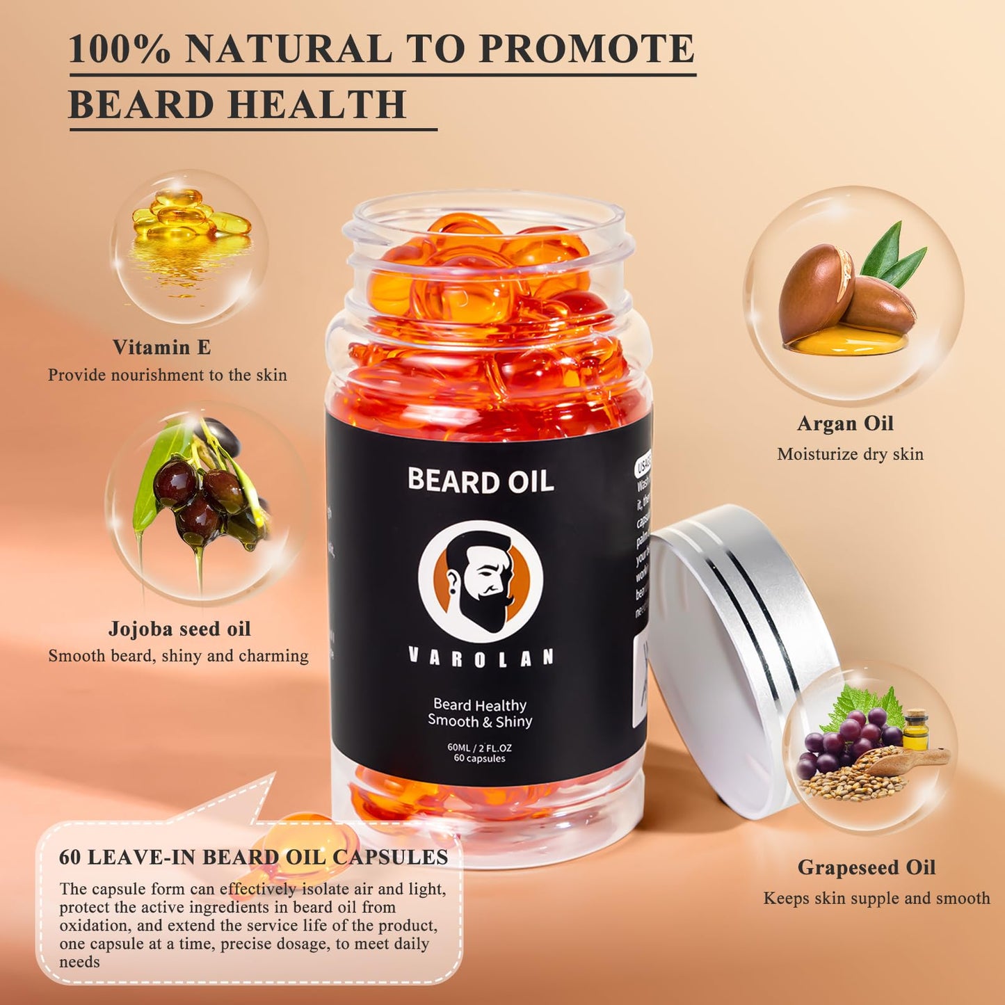Varolan Beard Oil for Men,Natural Mens Beard Oil Capsules,Naturally Derived Conditioner with Argan Oil,Grapeseed Oil,Jojoba Oil and Vitamin E Beauty and Personal Care Varolan