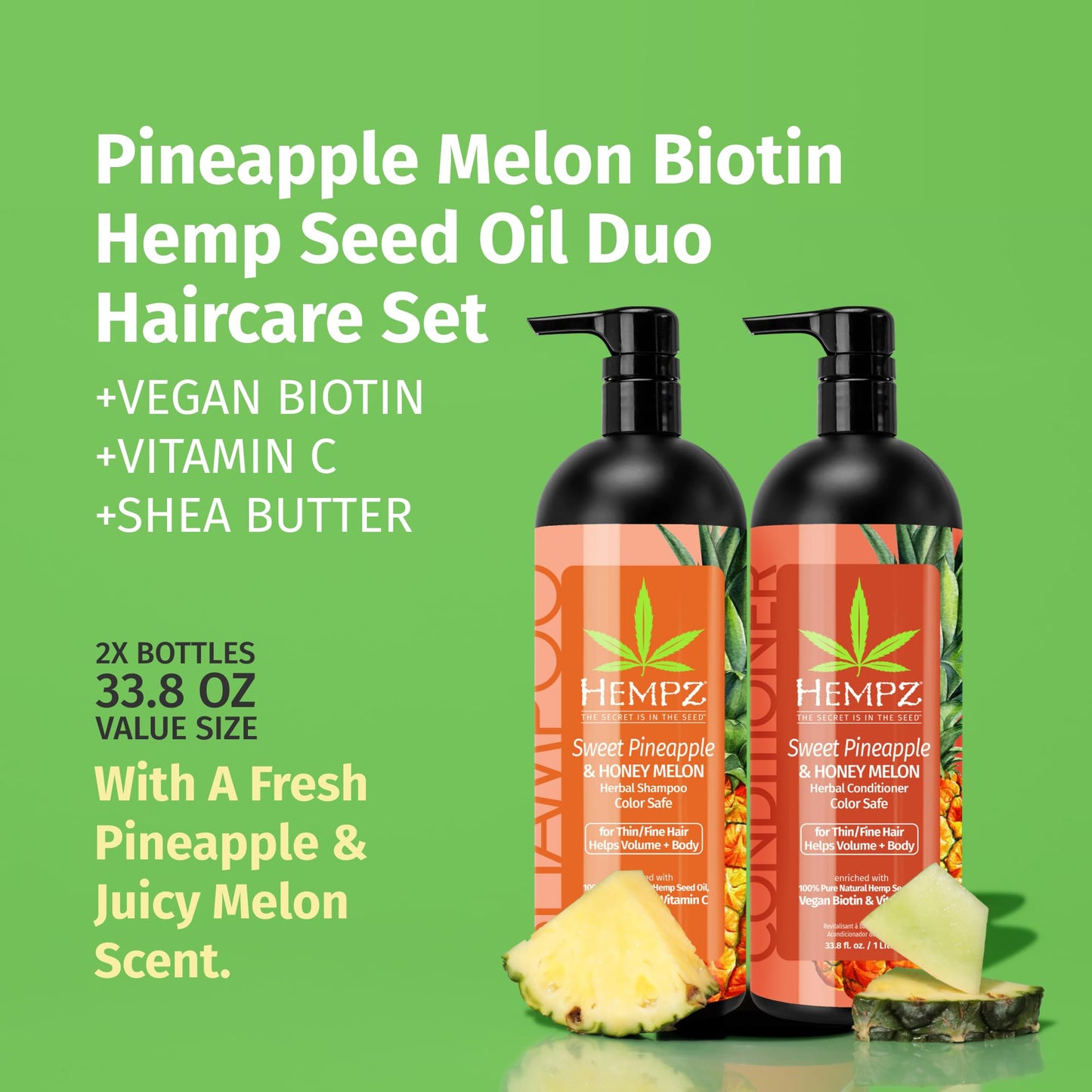 HEMPZ Hair Shampoo & Conditioner Set - Sweet Pineapple & Honey Melon Scent for Thin/Fine Dry, Damaged and Color Treated Hair, Hydrating, Softening Beauty & Personal Care Hempz