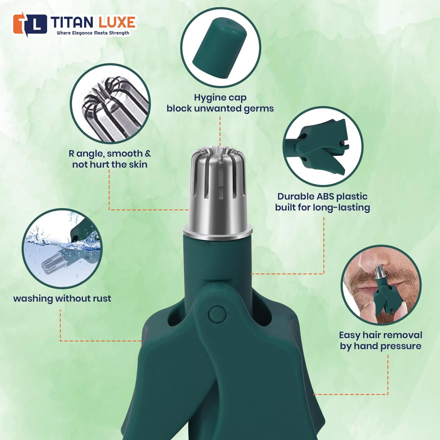 Titan Luxe Stainless Steel Hair Trimmer for Men and Women - Manual Nose and Ear Hair Trimmer - Nose Clippers, 360° Rotating Hair Trimmers - Washable Beauty and Personal Care Titan Luxe