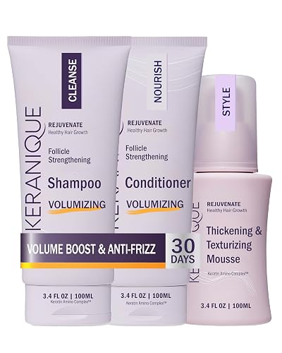 Keranique VOLUME BOOST & STYLE TRAVEL KIT - Anti-Frizz Heat Protection System for Women with Thinning Hair - Includes Keratin Shampoo, Conditioner Beauty & Personal Care Keranique