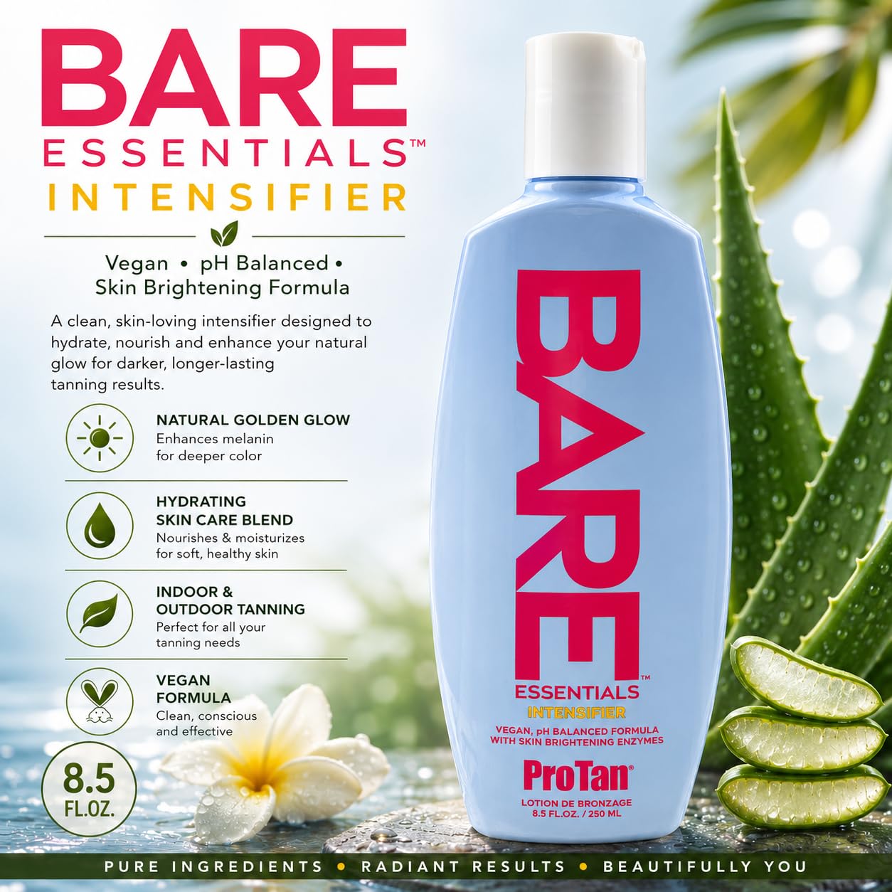 Pro Tan Bare Essentials Intensifier Tanning Lotion 8.5 fl oz - Vegan pH Balanced Formula with Aloe, Coconut Oil, Jojoba & Vitamins - Indoor Outdoor Beauty & Personal Care Pro Tan
