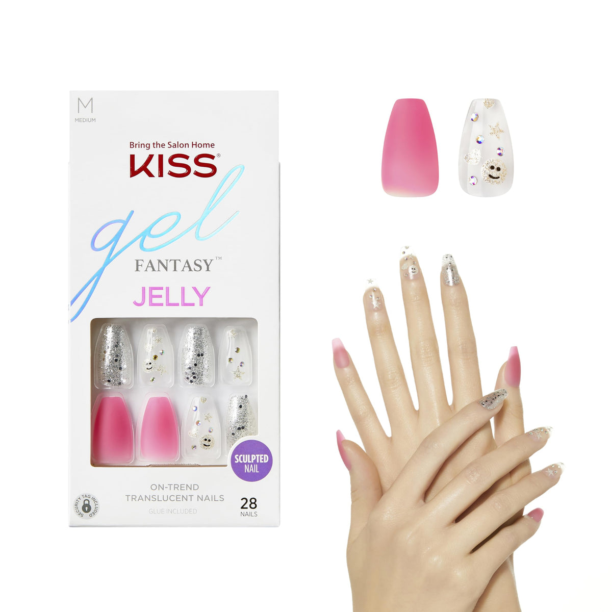 KISS Gel Fantasy Press On Nails, Nail glue included, 'Fun & Jelly', Pink, Medium Size, Coffin Shape, Includes 28 Nails, 2g glue, 1 Manicure Stick, 1